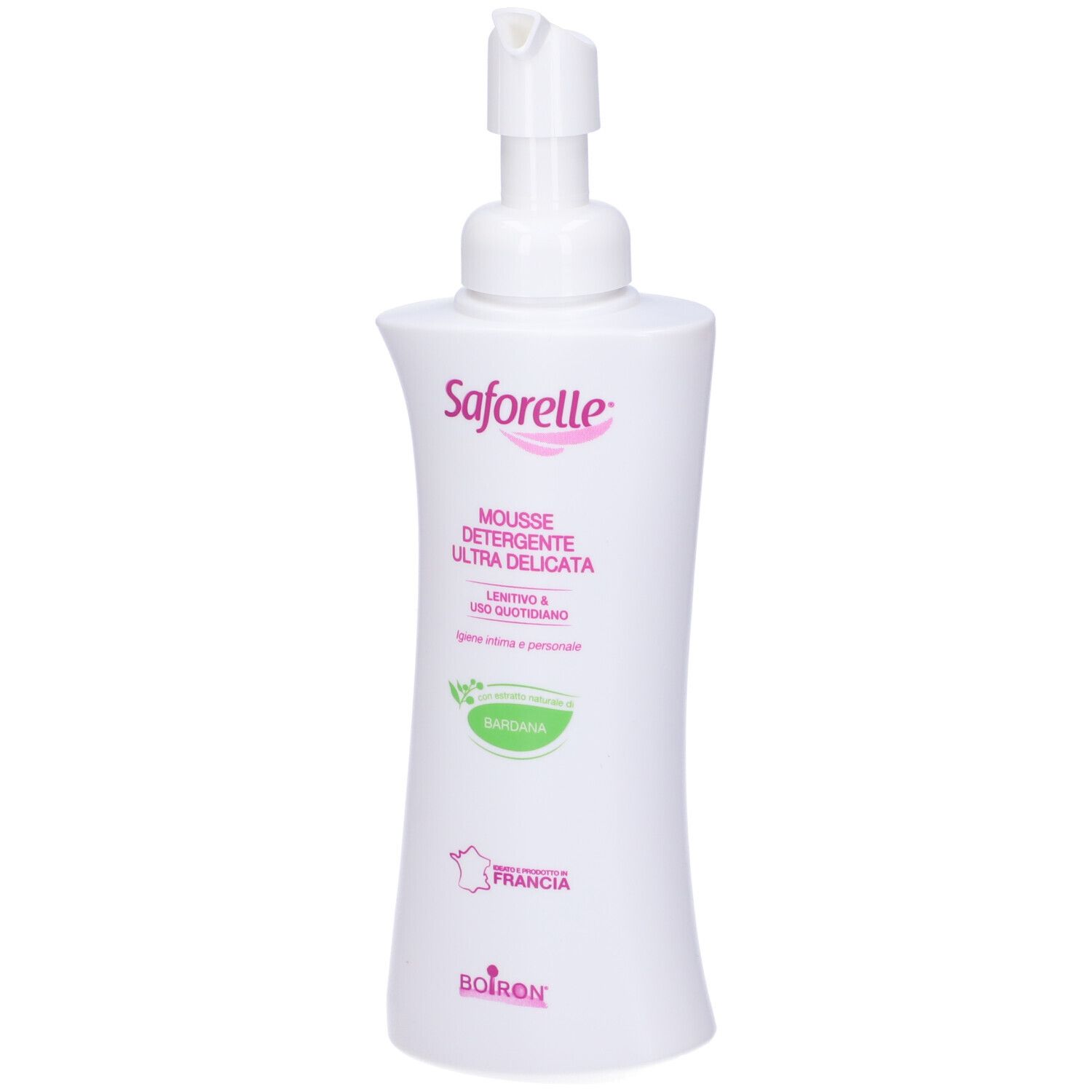 Flacone bianco con dosatore a pompa. Scritta Saforelle, Mousse Detergente Ultra Delicata. Logo, origine Francia, Boiron.