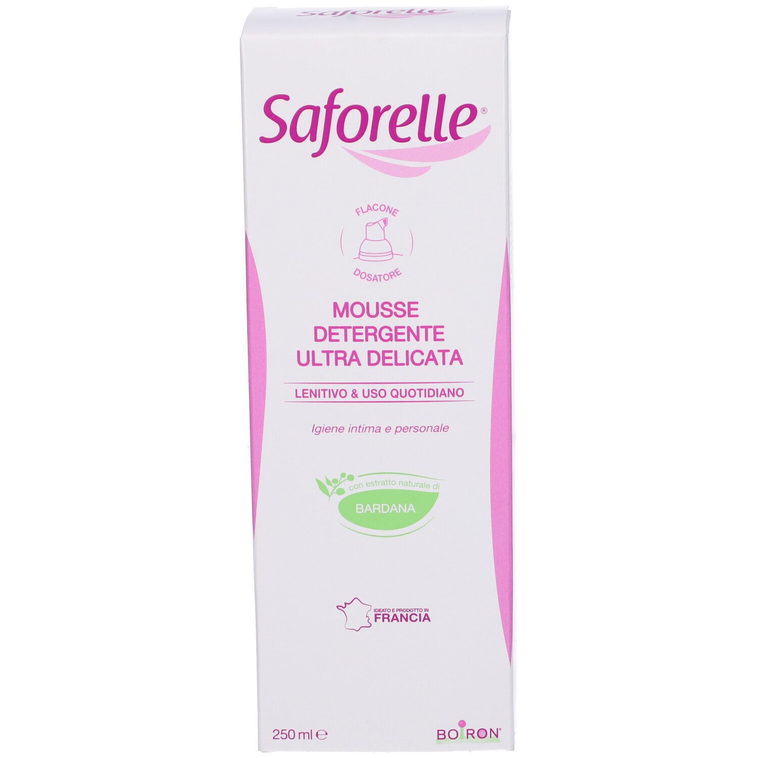 Prodotto e confezione. Scatola con scritta Saforelle, Mousse Detergente Ultra Delicata. Logo, origine Francia, Boiron.
