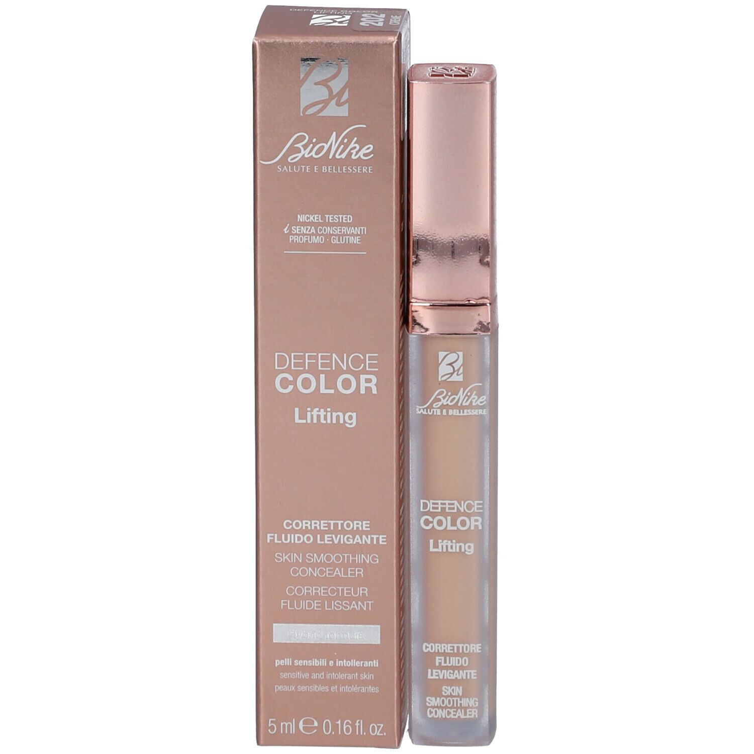 Correttore BioNike Defence Color Lifting e confezione. Tonalità N.202 Creme. Scritta: 5 ml. Con scatola.