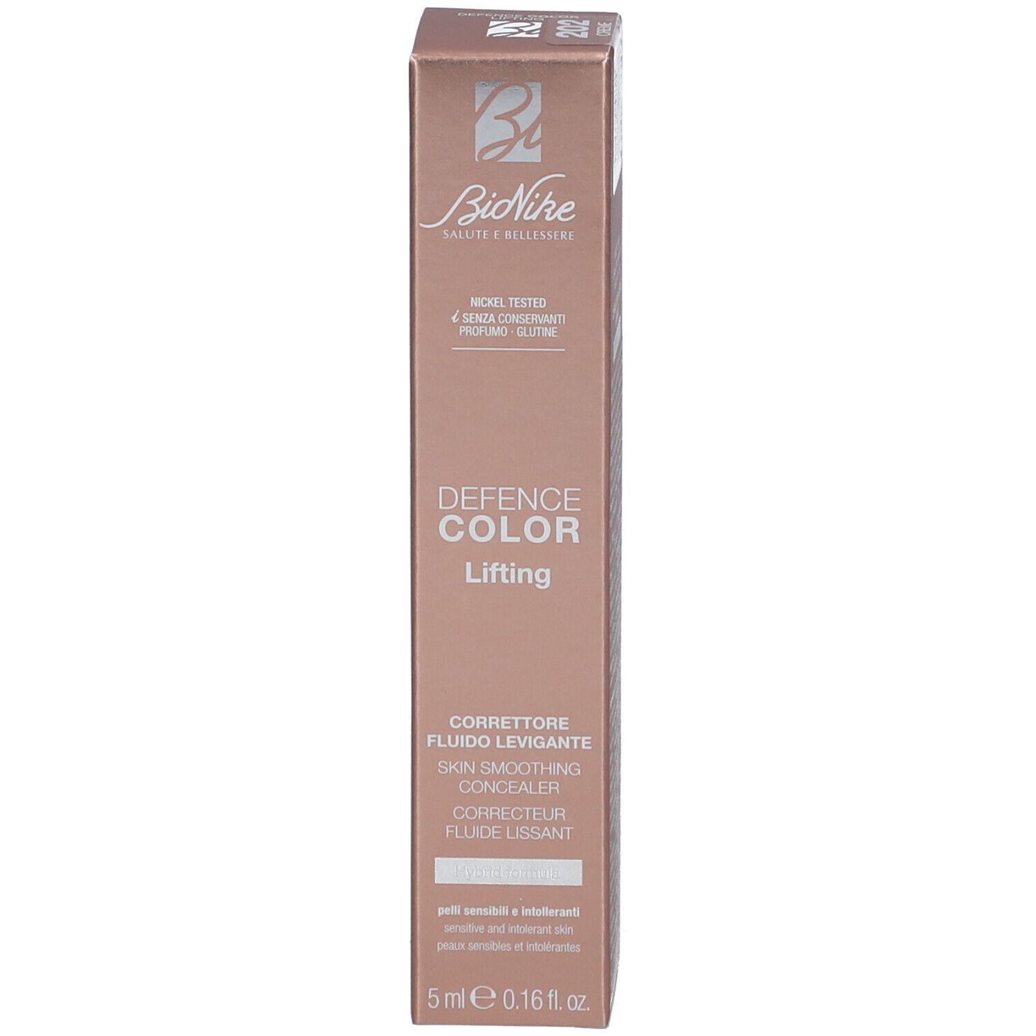 Correttore BioNike Defence Color Lifting e confezione. Tonalità N.202 Creme. Scritta: 5 ml.