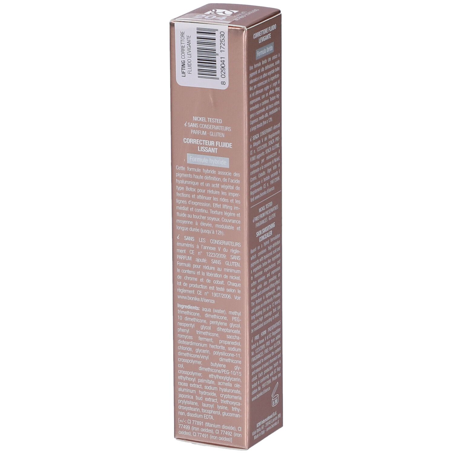 Verpackung eines Korrekturfluids mit Textangaben wie 'LIFTING CORRECTEUR FLUIDE LISSANT' und Inhaltsstoffen.