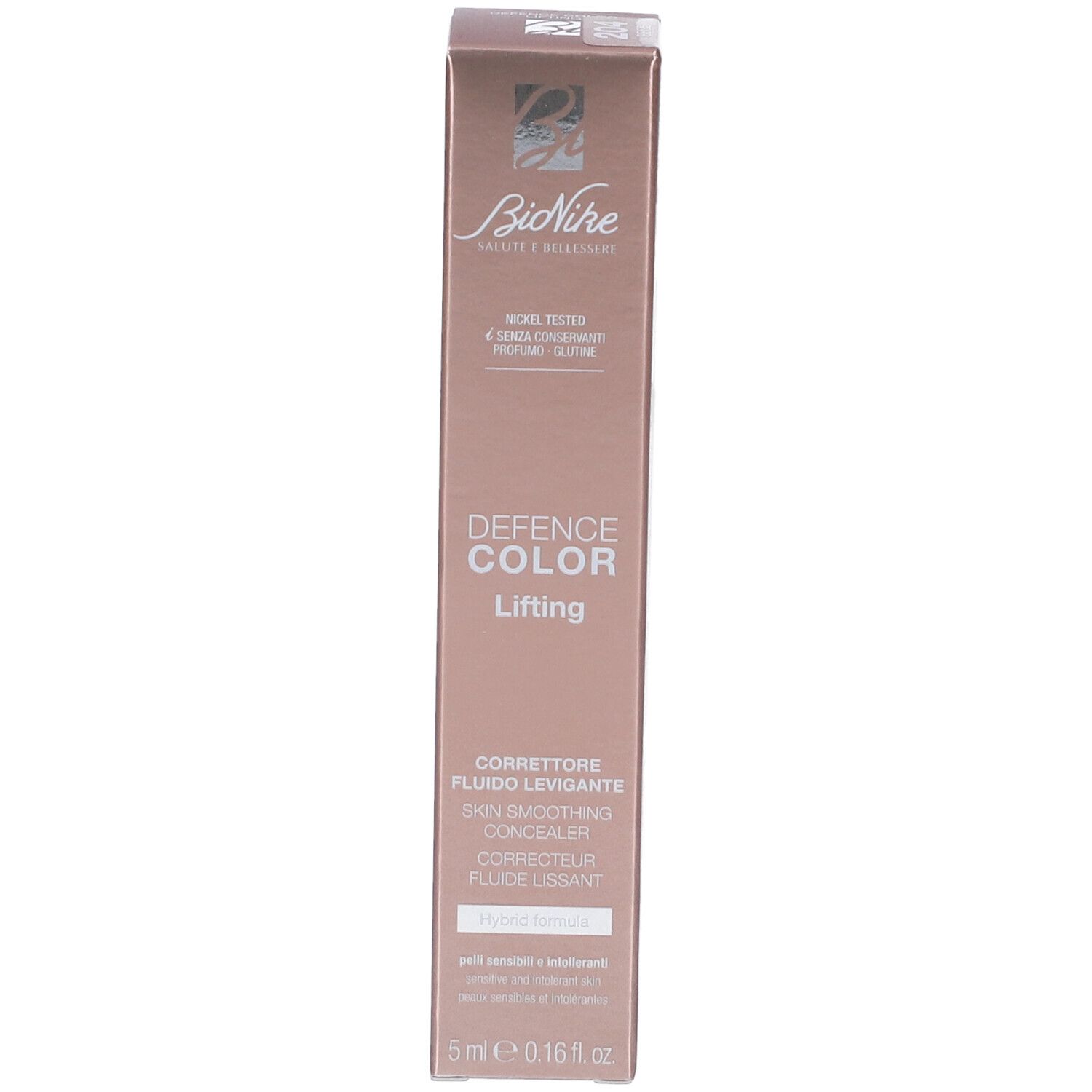 Bionike Defence Color Lifting Hautglättender Concealer in Rosa-Beige-Verpackung.