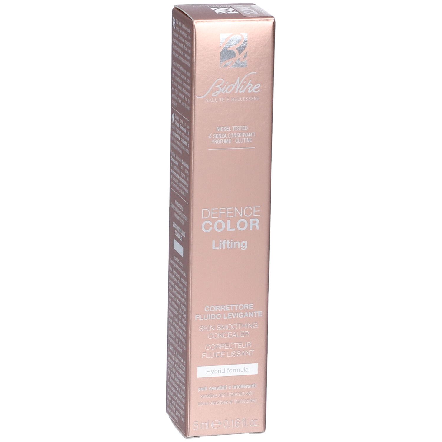 Bionike Defence Color Lifting Concealer Verpackung. Roségoldene Box mit Produktnamen und Beschreibung.
