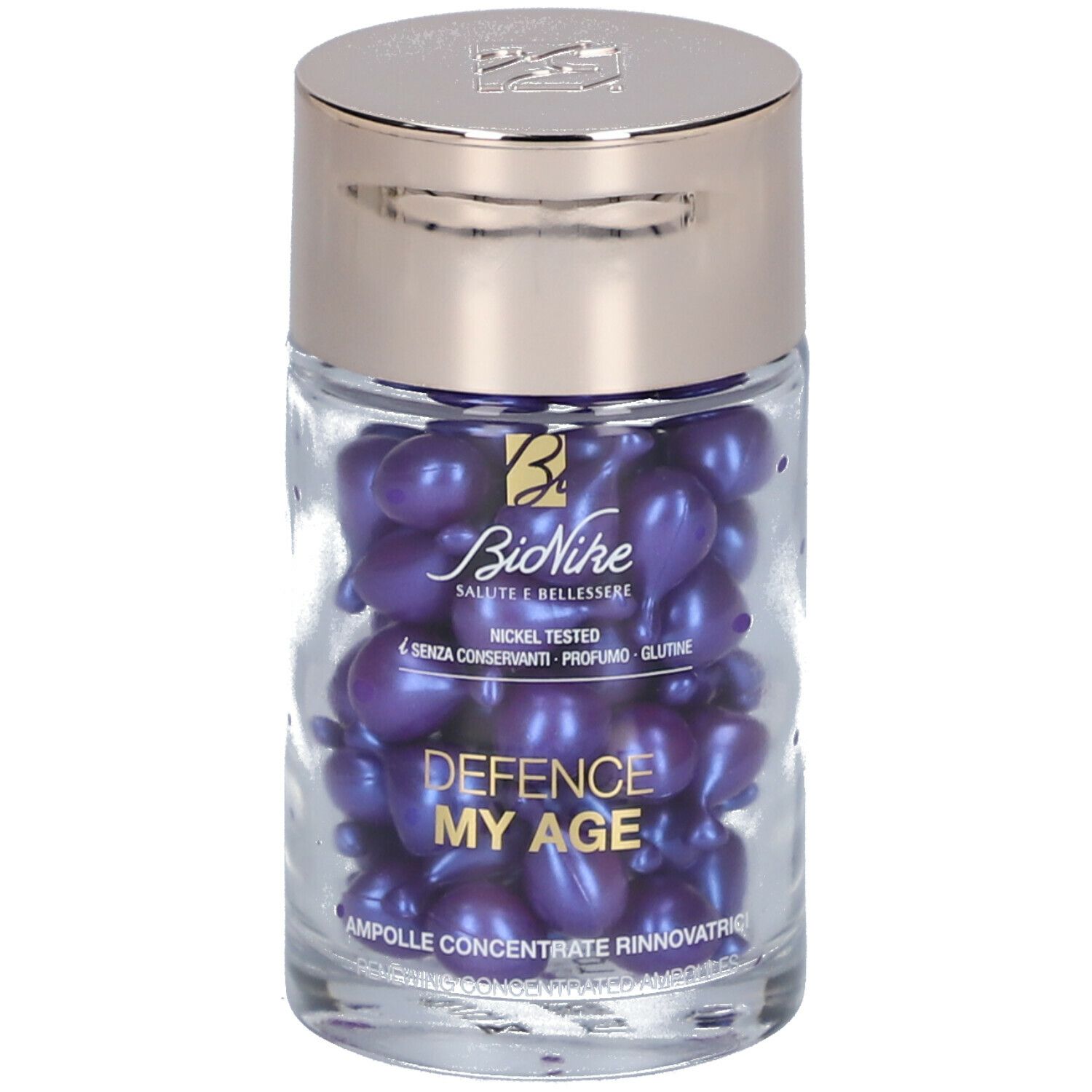 Flacone in vetro con capsule viola. Scritta: Defence My Age. Marchio: BioNike.