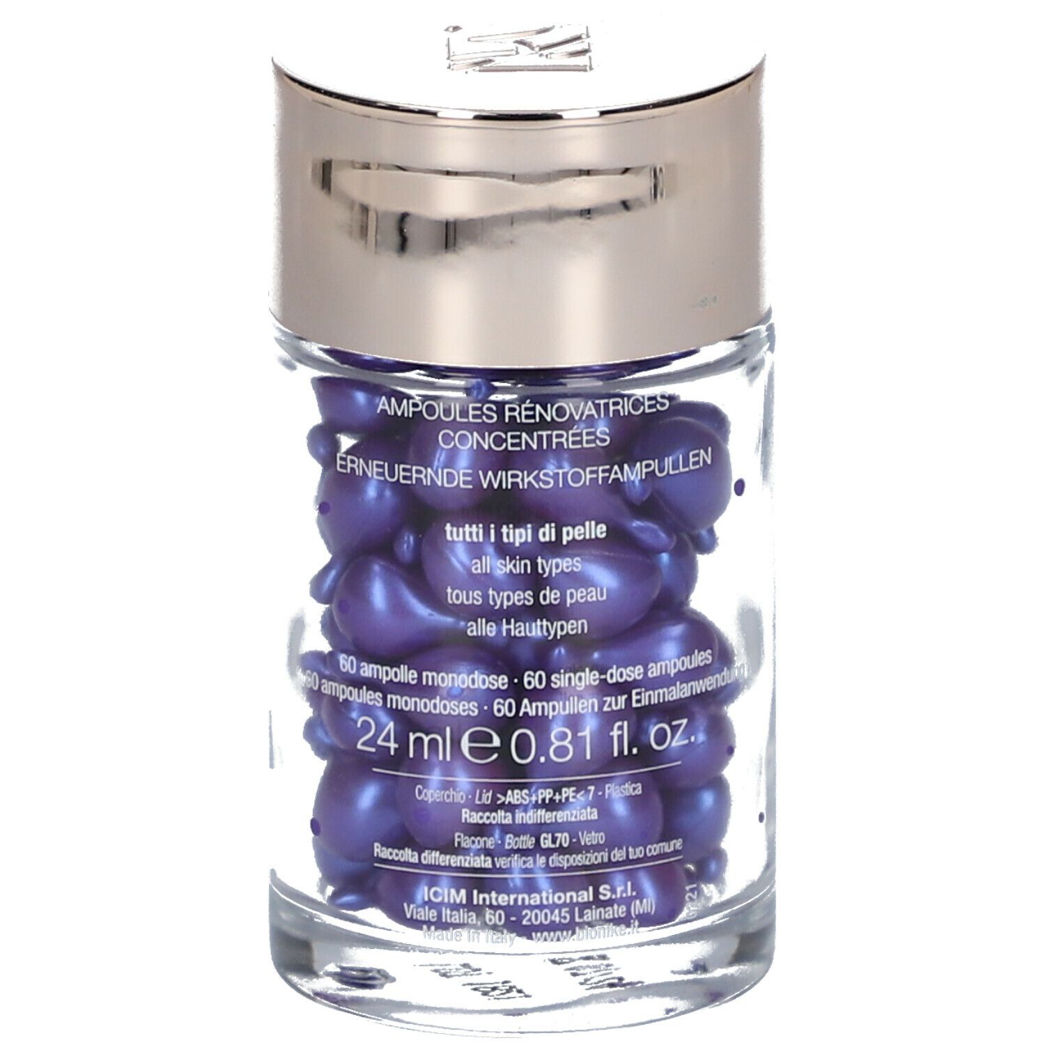 Flacone in vetro con capsule viola. Scritta: Defence My Age. Marchio: BioNike. Testo: 24 ml, 0.81 fl. oz.