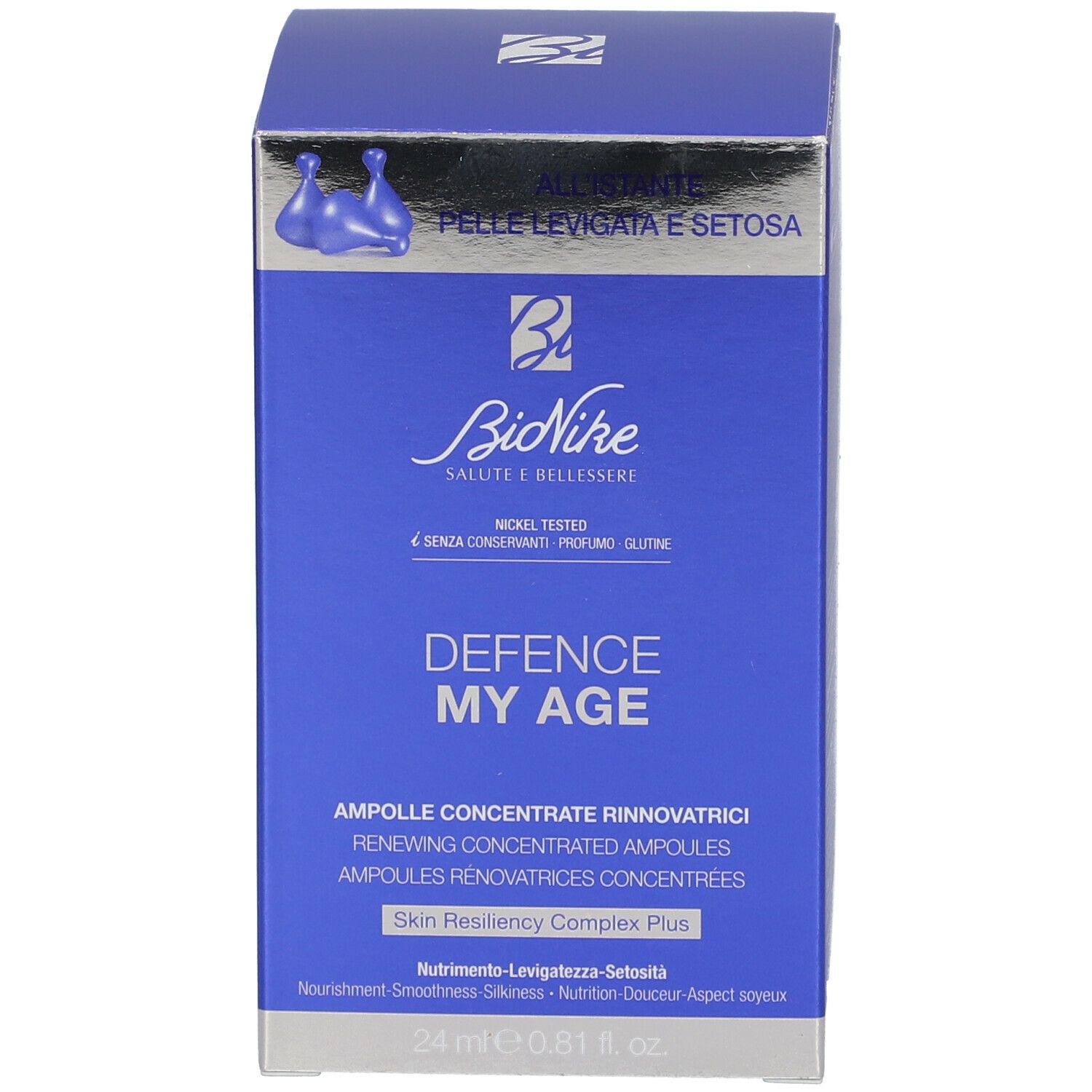 Confezione. Scritta: Defence My Age. Marchio: BioNike. Testo: 24 ml, 0.81 fl. oz.