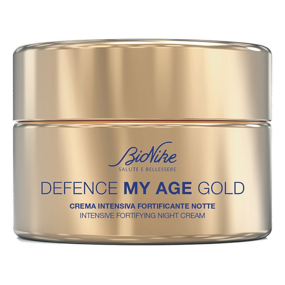 Vasetto dorato con coperchio. Scritta: Defence My Age Gold, crema. Marchio: BioNike.