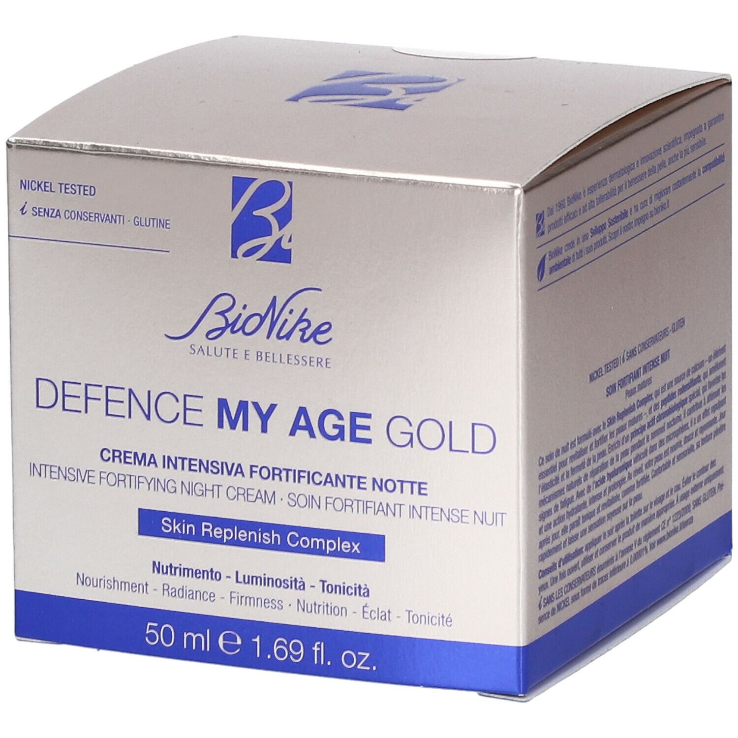 Scatola con stampa del prodotto. Scritta: Defence My Age Gold, crema. Marchio: BioNike. 50 ml.