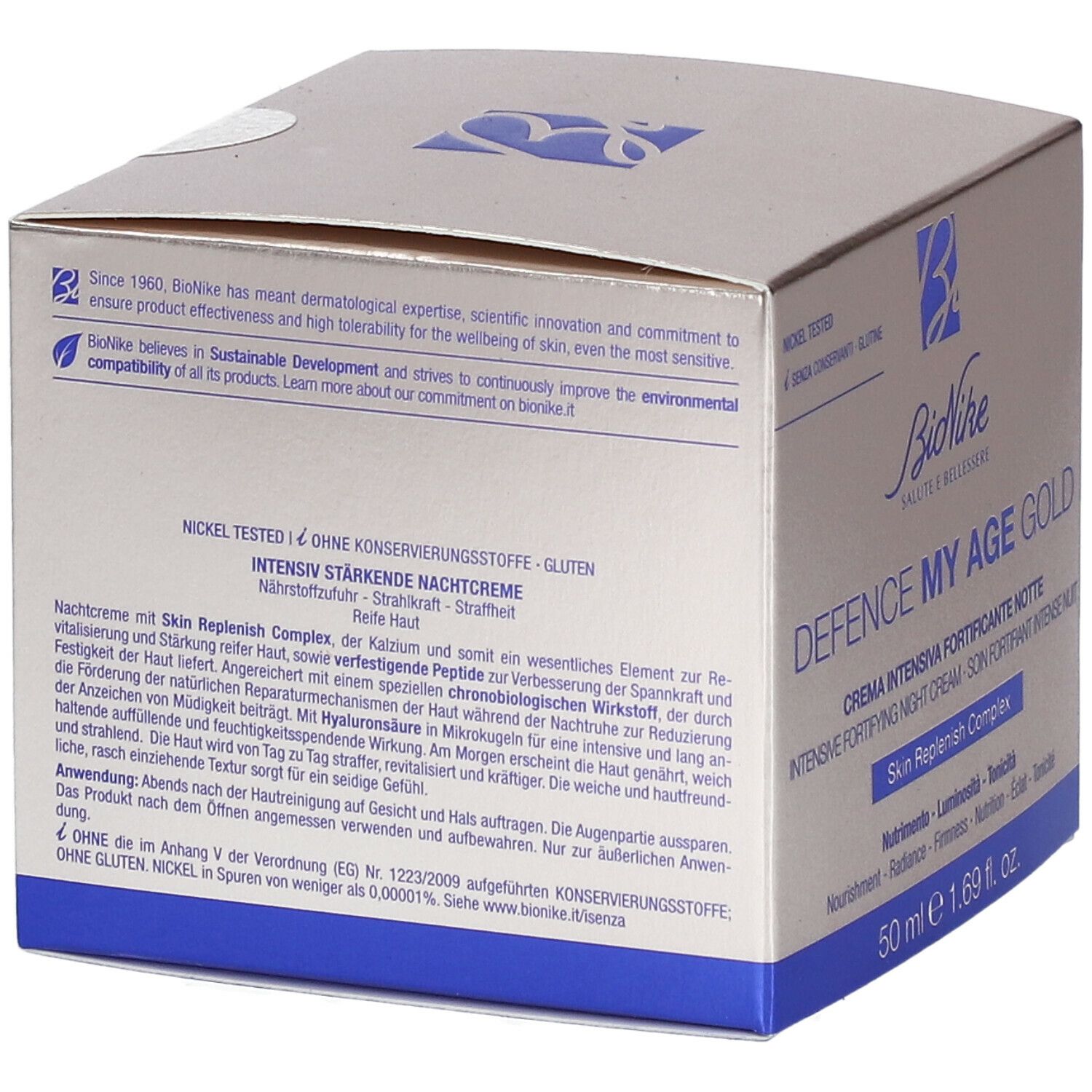 Scatola con stampa del prodotto. Scritta: Defence My Age Gold, crema. Marchio: BioNike. Testo in tedesco.