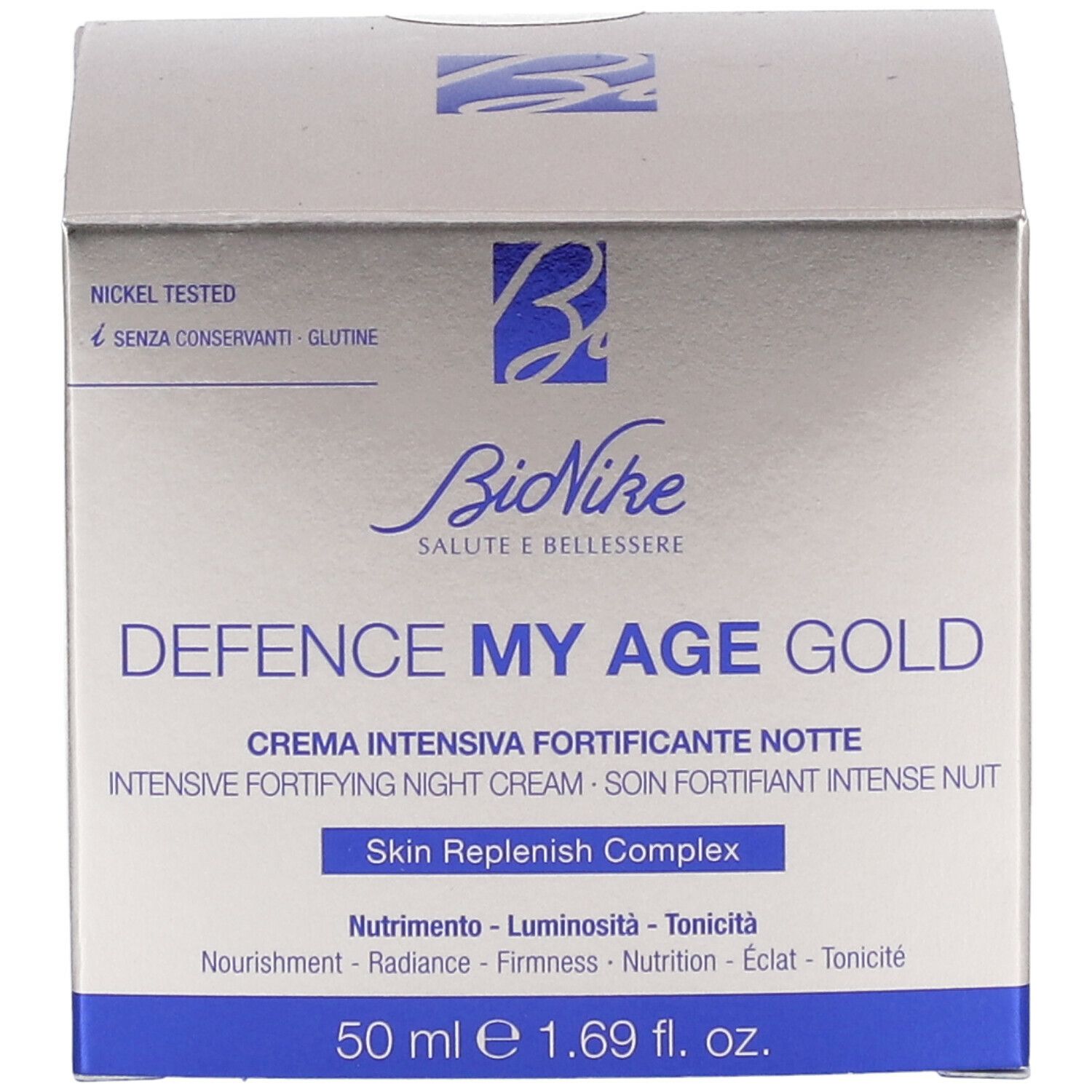 Scatola con stampa del prodotto. Scritta: Defence My Age Gold, crema. Marchio: BioNike. 50 ml.