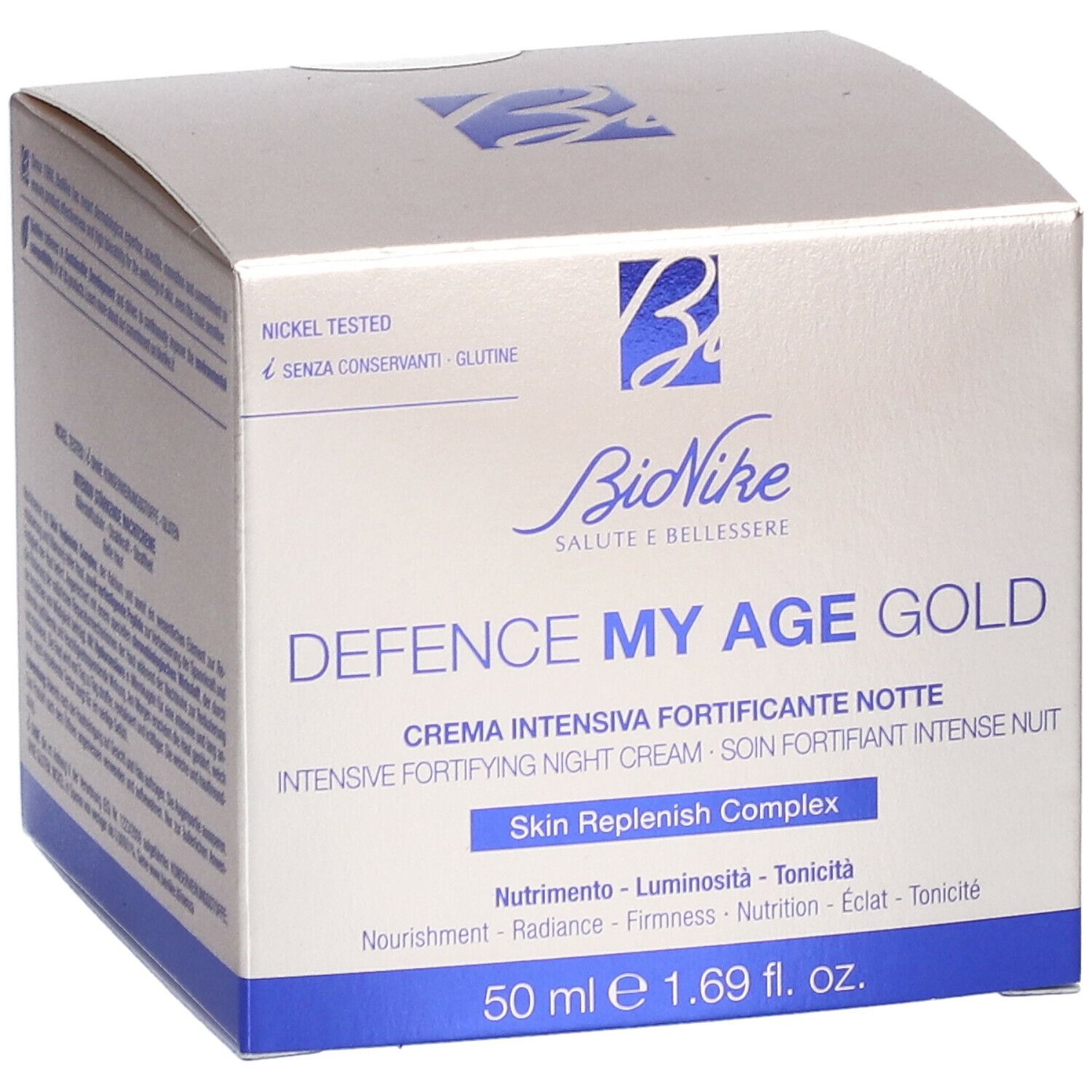 Scatola con stampa del prodotto. Scritta: Defence My Age Gold, crema. Marchio: BioNike. 50 ml.