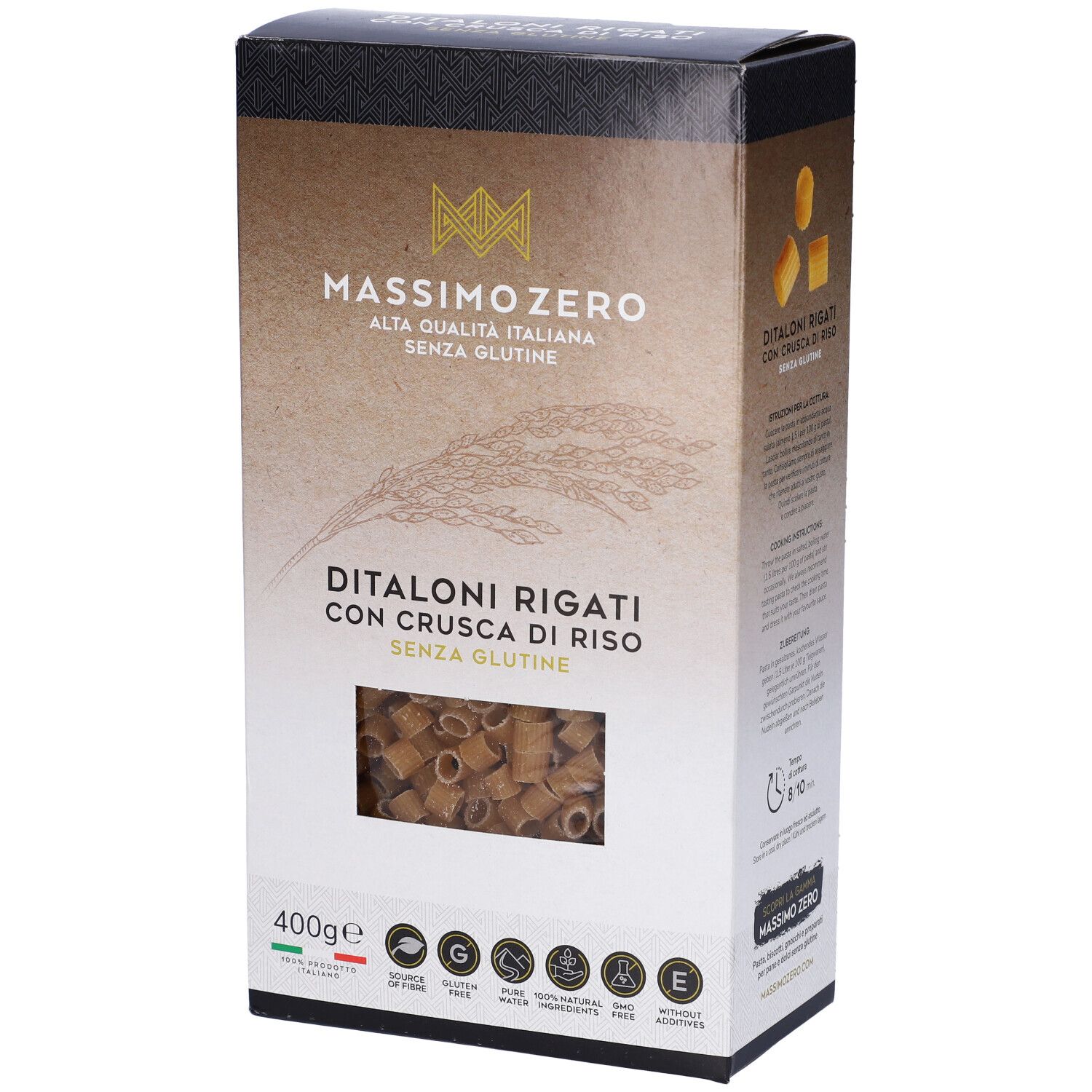 Confezione di pasta. Scritta: Massimo Zero, Ditaloni Rigati, senza glutine. Finestra con pasta visibile.