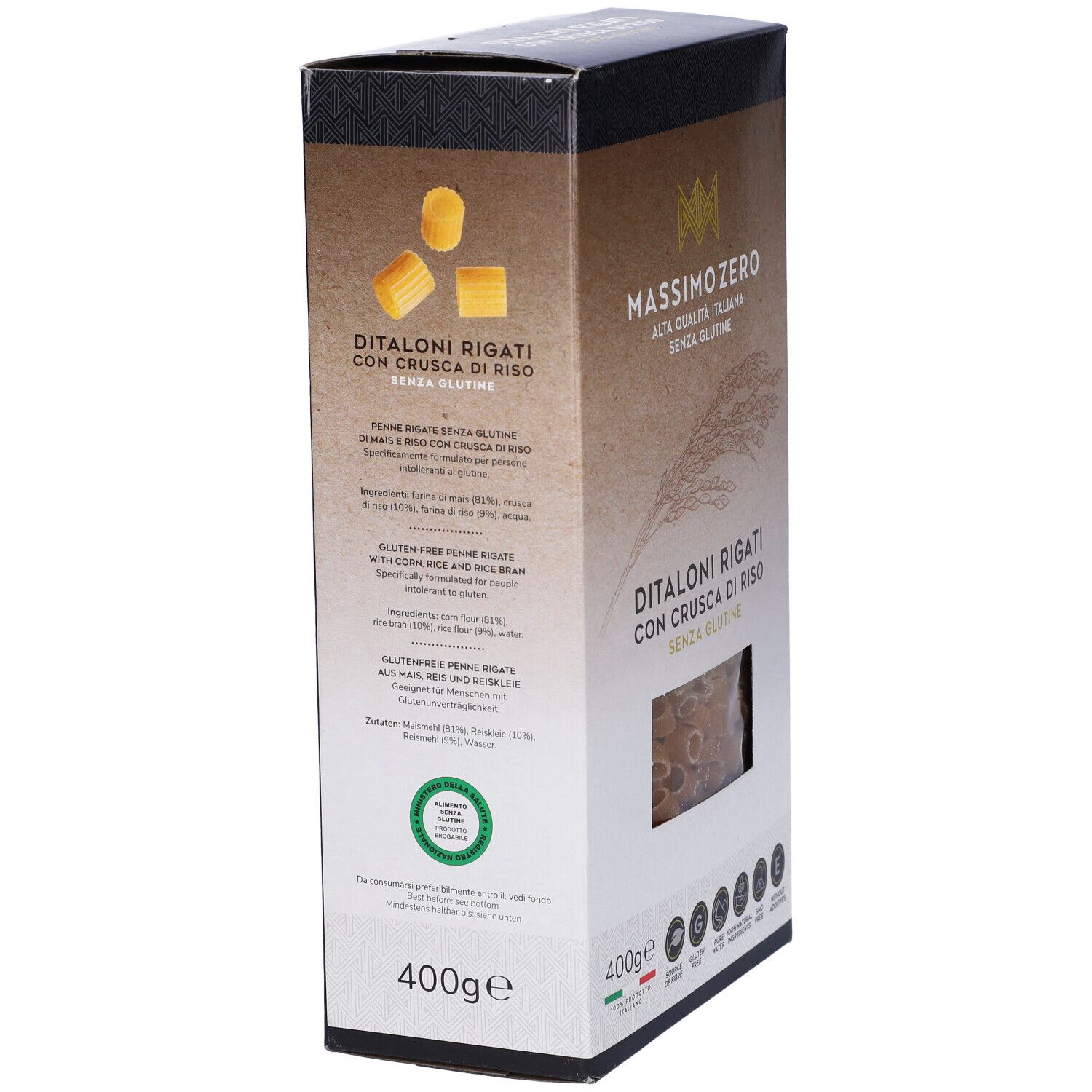 Confezione di pasta. Scritta: Massimo Zero, Ditaloni Rigati, senza glutine. Retro con testo e loghi.