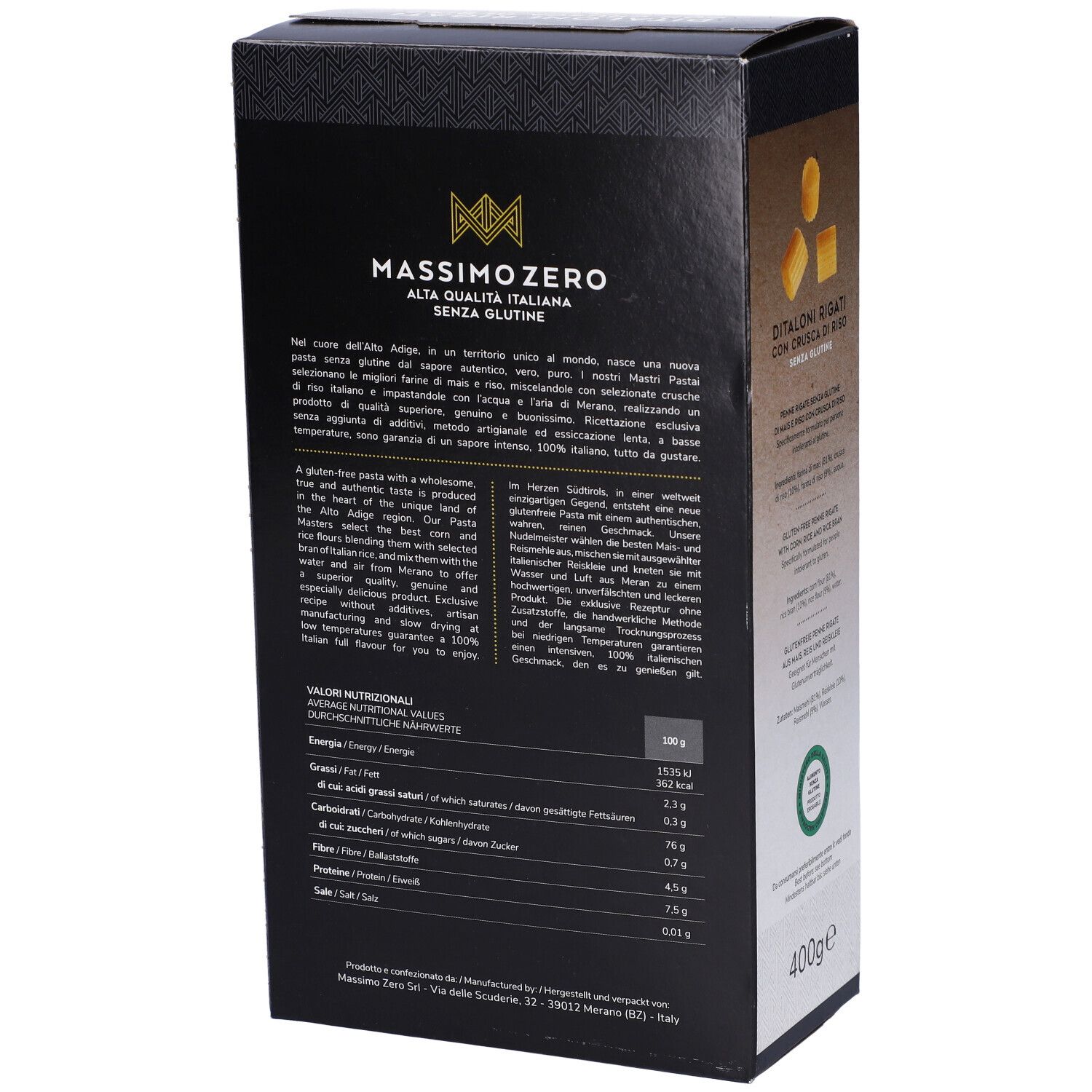 Confezione di pasta. Scritta: Massimo Zero, Ditaloni Rigati, senza glutine. Retro con valori nutrizionali.