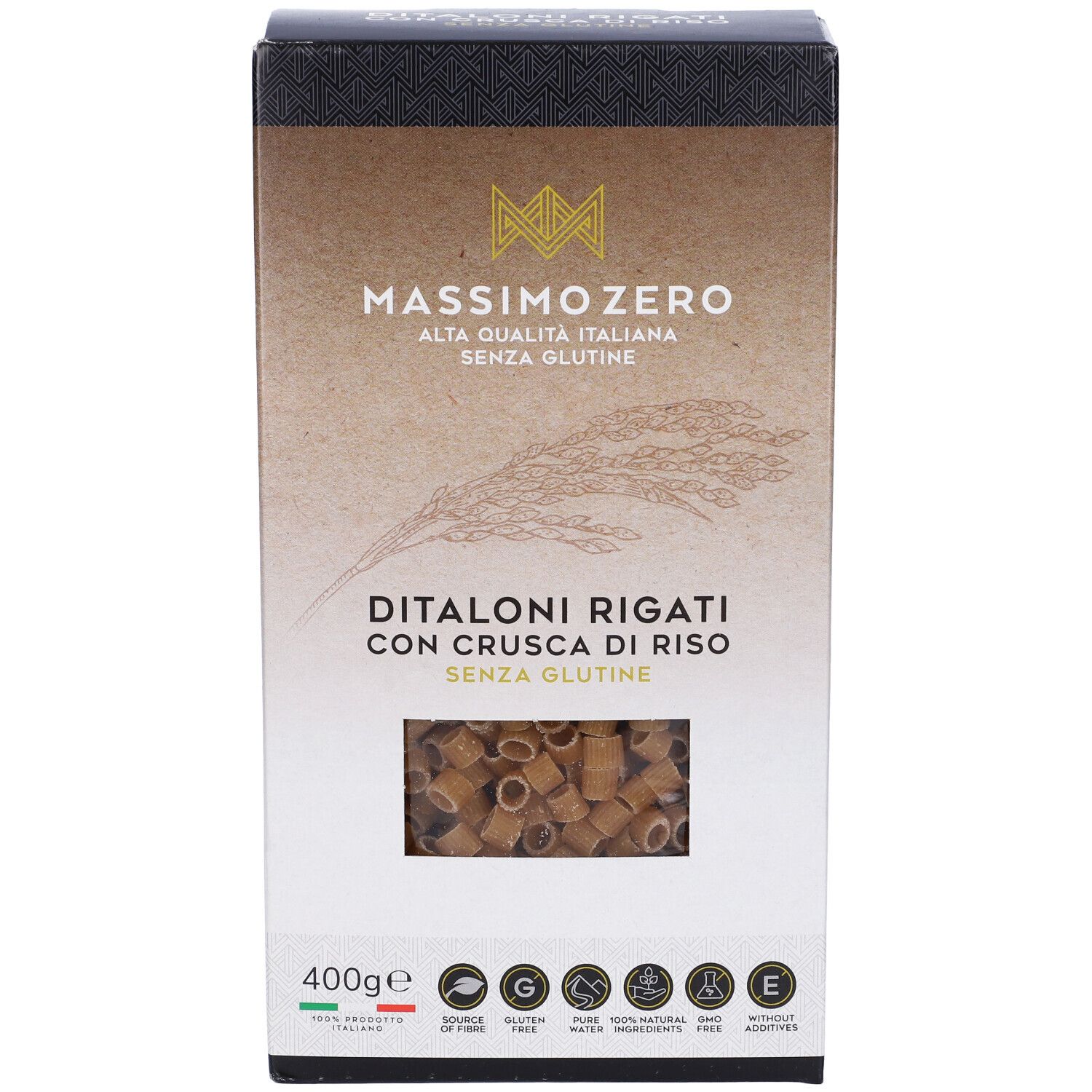 Confezione di pasta. Scritta: Massimo Zero, Ditaloni Rigati, senza glutine. Finestra con pasta visibile.
