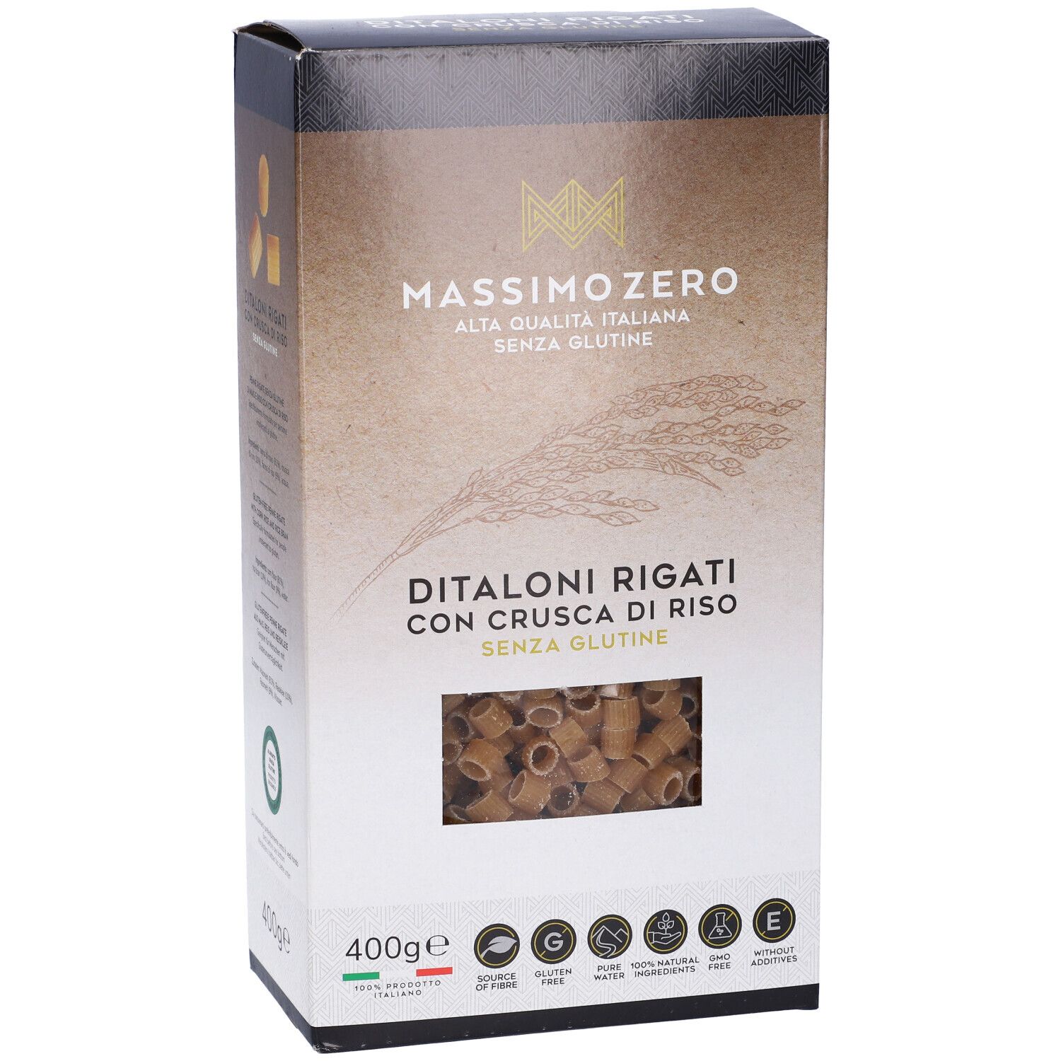 Confezione di pasta. Scritta: Massimo Zero, Ditaloni Rigati, senza glutine. Finestra con pasta visibile.