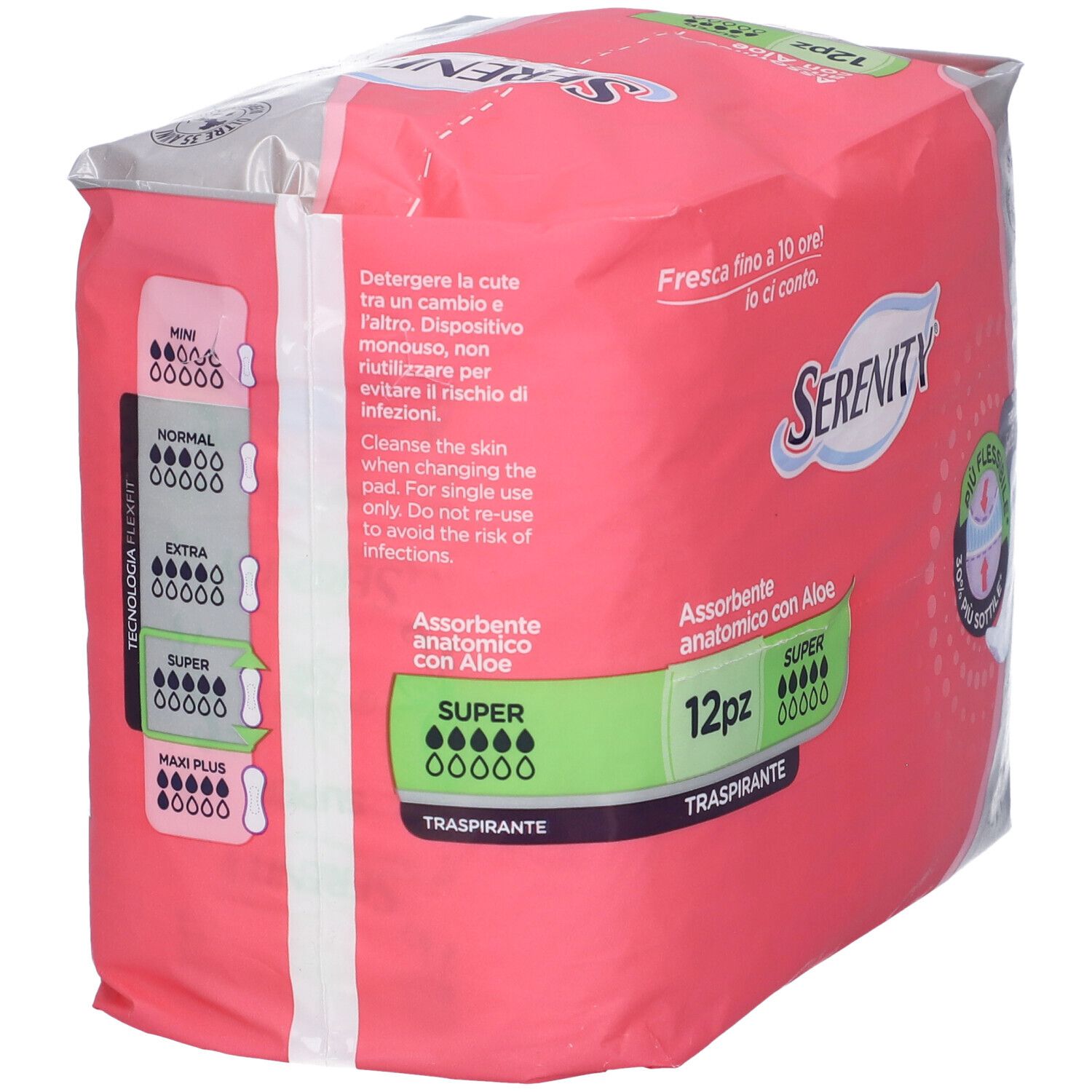 Rosa 'Serenity'-Verpackung mit '12pz'. Anatomische Einlagen mit Aloe, 'Super'. Produkt- und Größenangaben.
