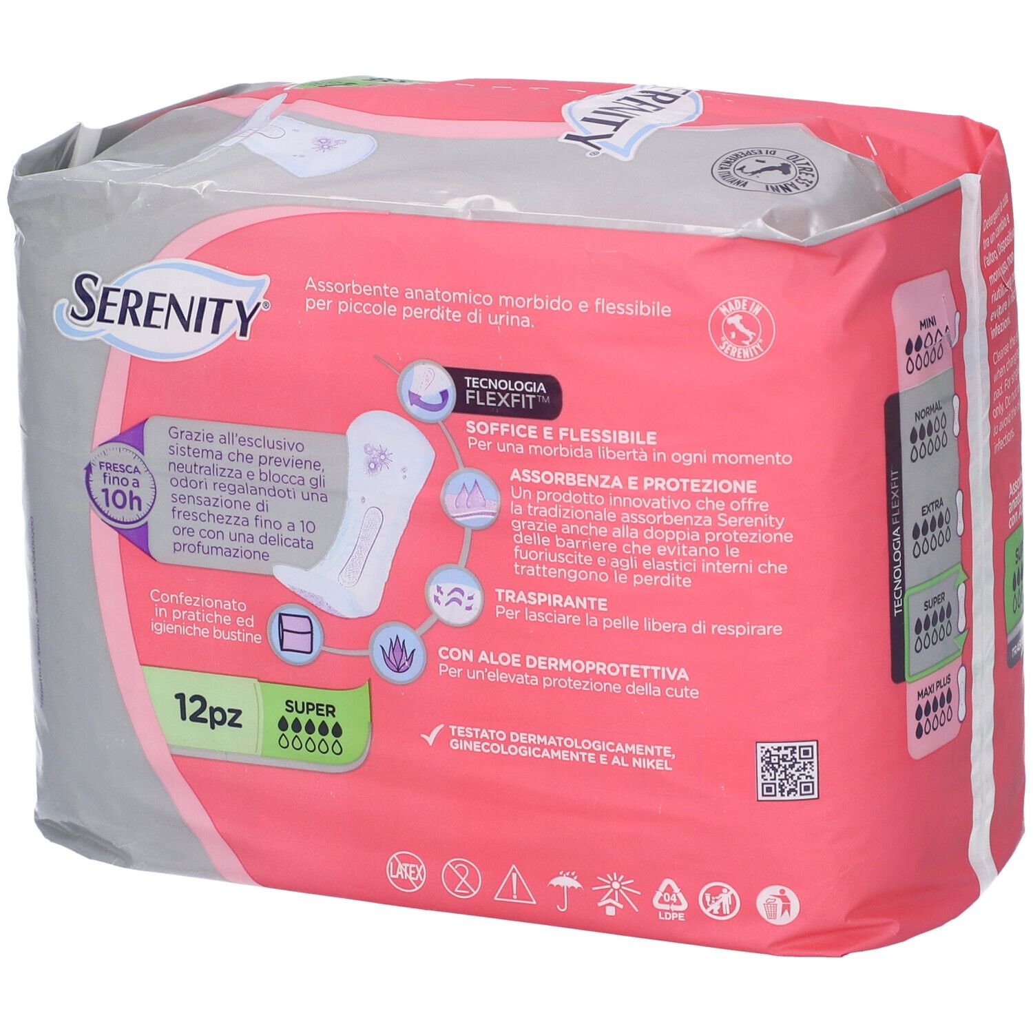 Rosa 'Serenity'-Verpackung mit '12pz'. Anatomische Einlagen mit Aloe, 'Super'. FlexFit-Technologie, Text.