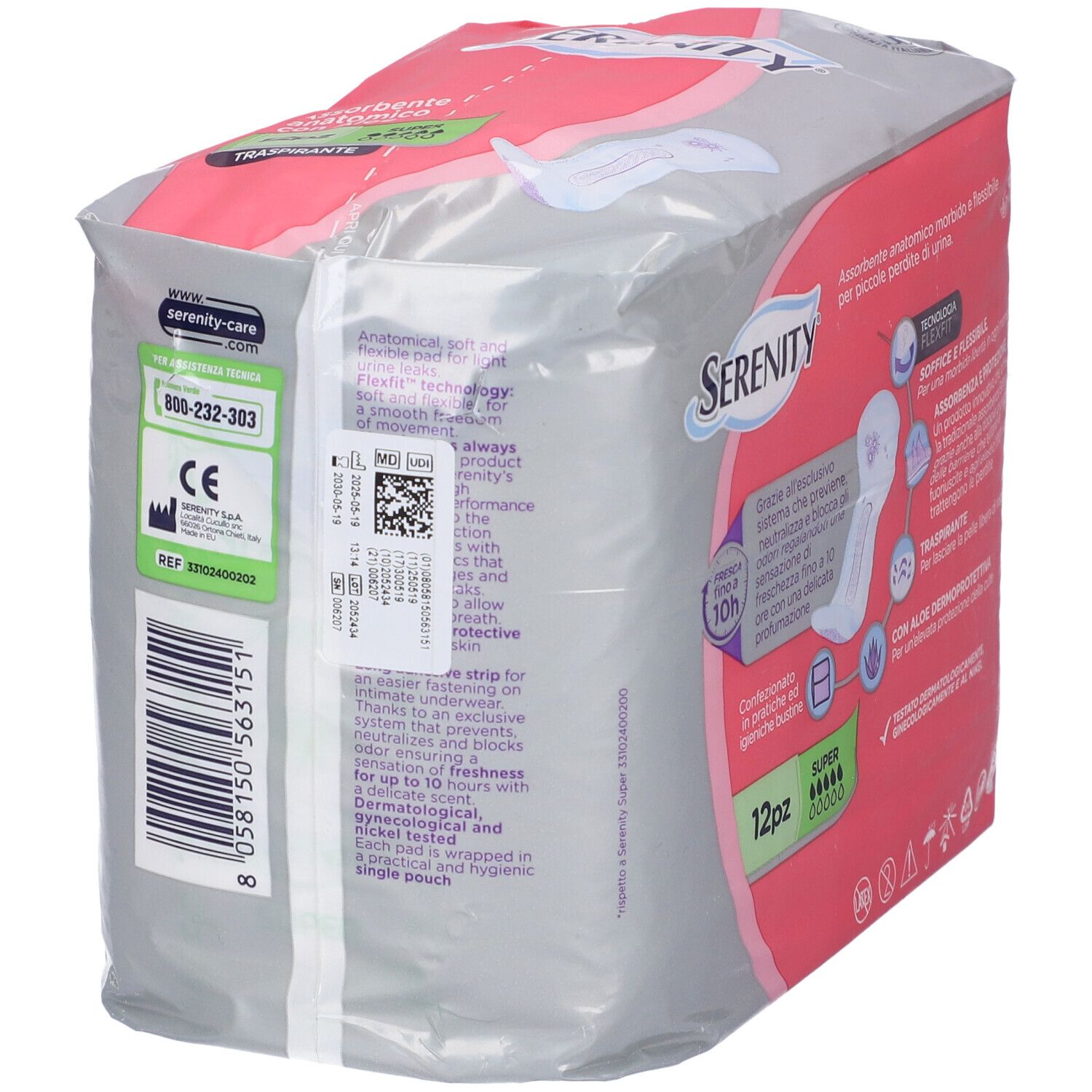 Rosa 'Serenity'-Verpackung mit '12pz'. Anatomische Einlagen mit Aloe, 'Super'. CE-Kennzeichnung, Text.