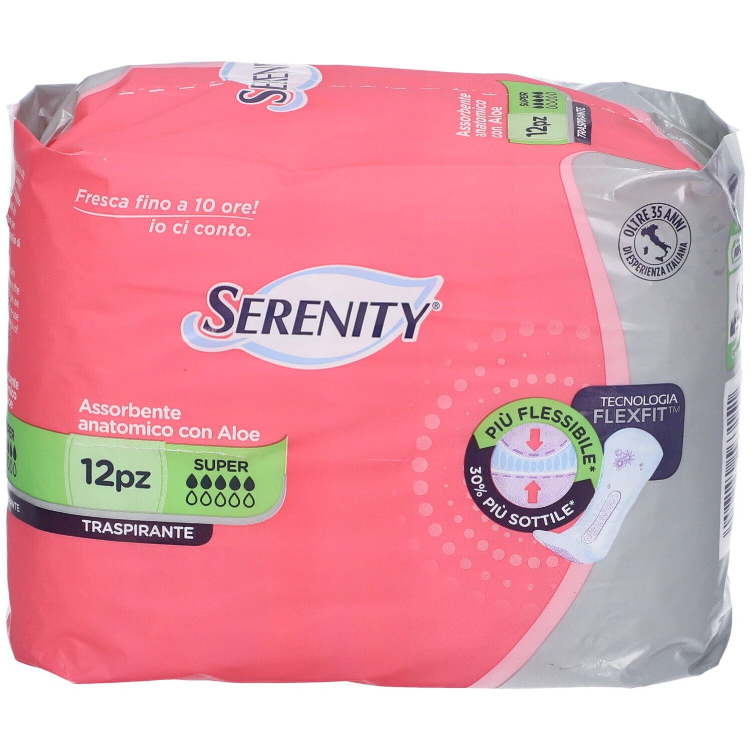 Rosa 'Serenity'-Verpackung mit '12pz'. Anatomische Einlagen mit Aloe, 'Super'. FlexFit-Technologie.