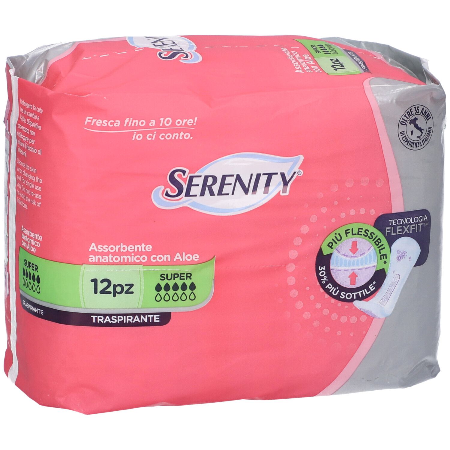 Rosa 'Serenity'-Verpackung mit '12pz'. Anatomische Einlagen mit Aloe, 'Super'. FlexFit-Technologie.
