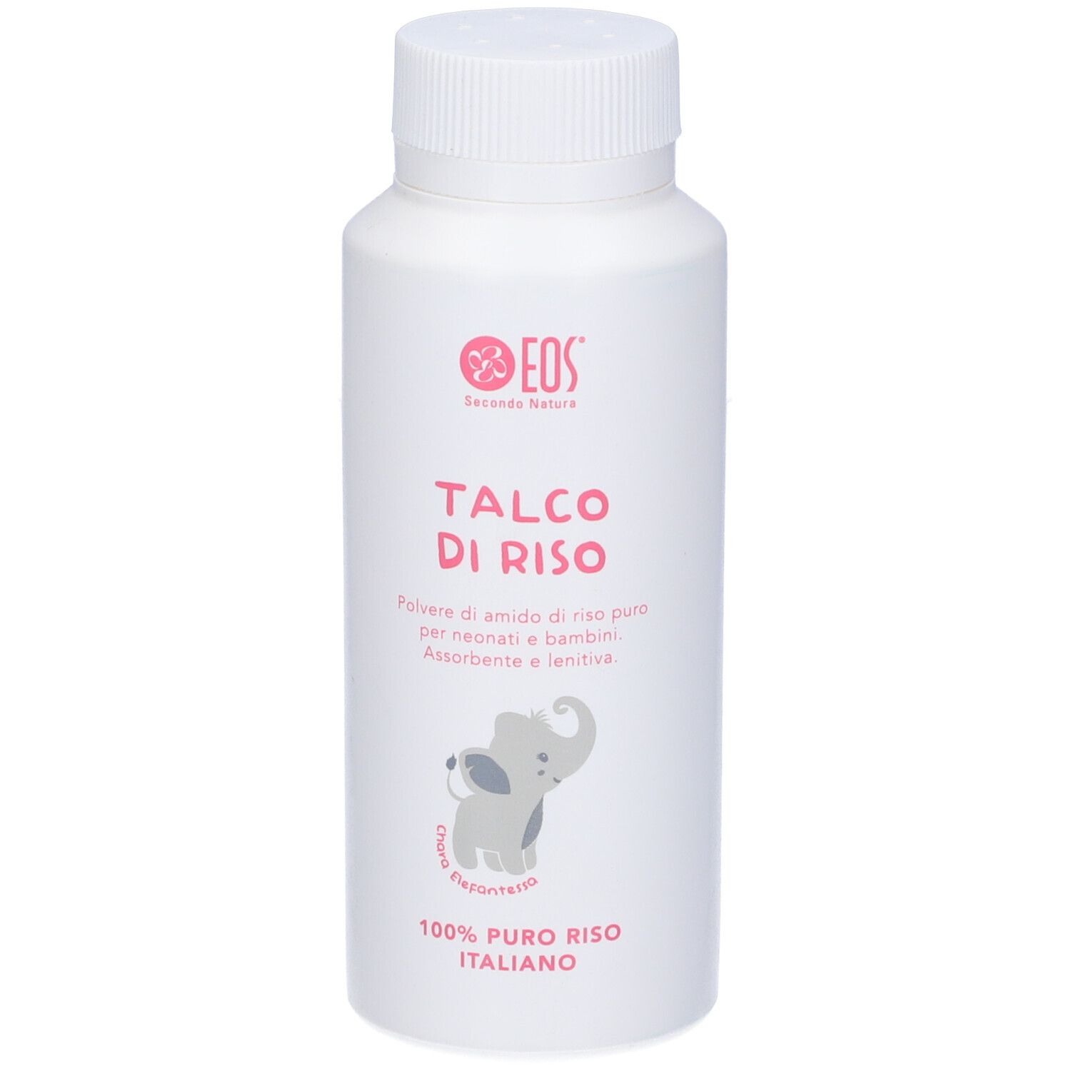 Flacone bianco con etichetta rosa. Scritta: Talco di Riso. Illustrazione di un elefante. Testo: 100% puro riso italiano.