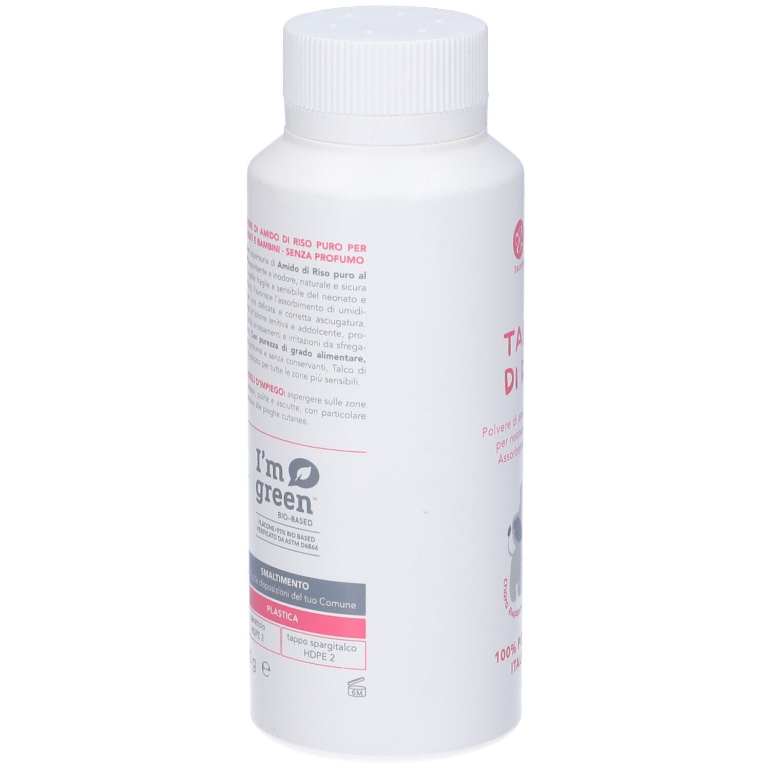 Flacone bianco. Sul lato testo e logo 'I'm green'. Testo: Trattamento del comune. Plastica. HDPE 2.