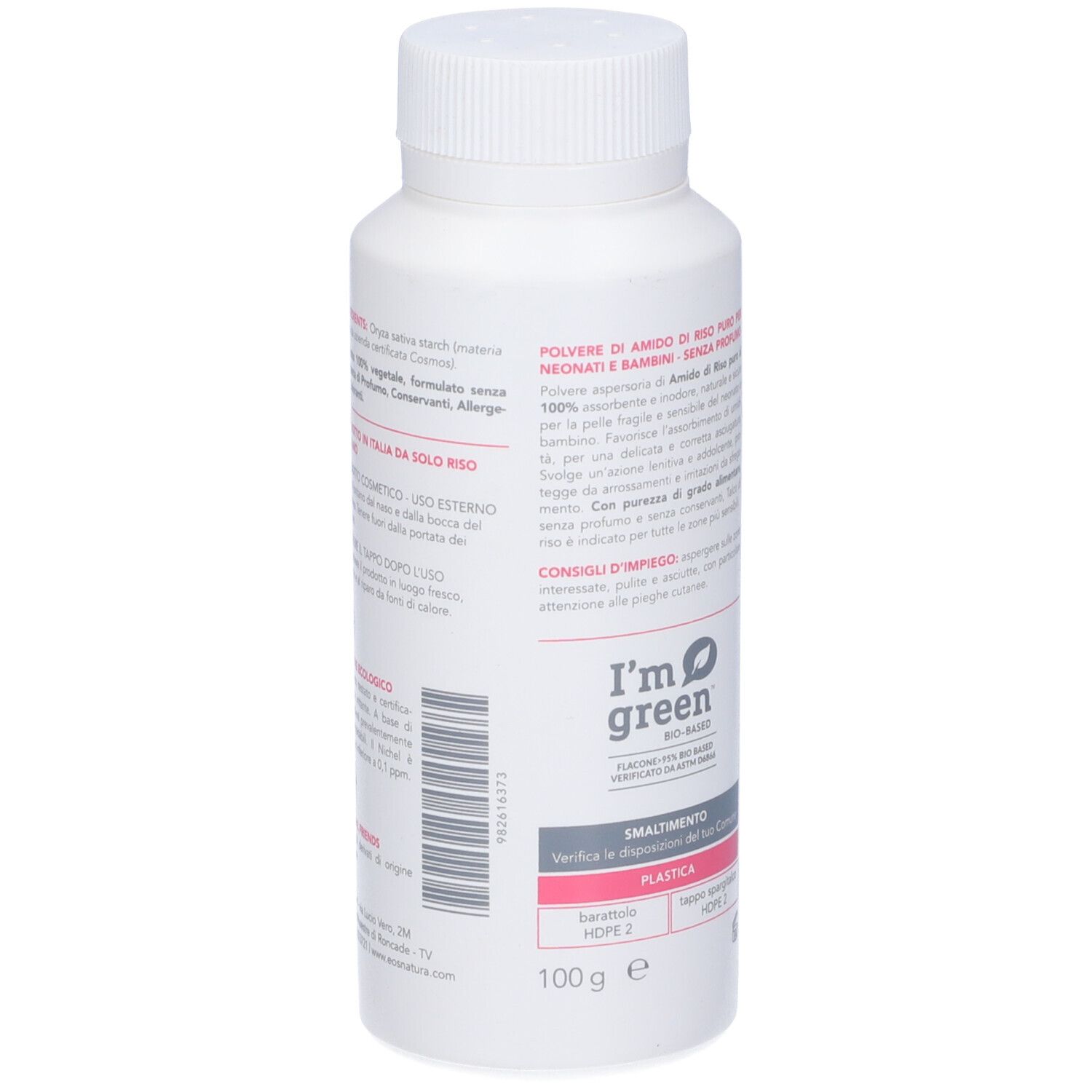 Flacone bianco. Scritta: 100 g e. Testo: Smaltimento. Plastica. HDPE 2. Testo: Consigli d'impiego.