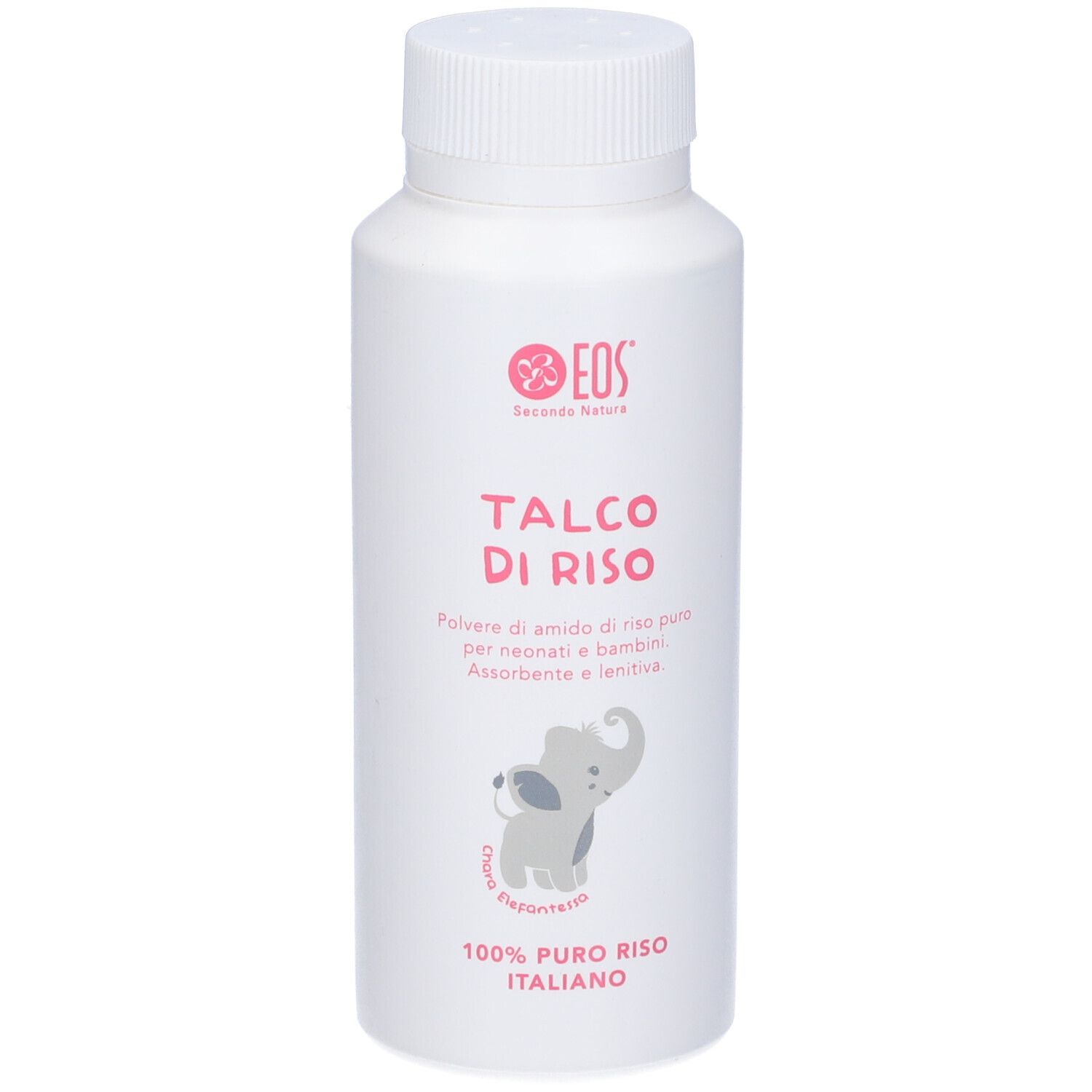 Flacone bianco con etichetta rosa. Scritta: Talco di Riso. Illustrazione di un elefante. Testo: 100% puro riso italiano.