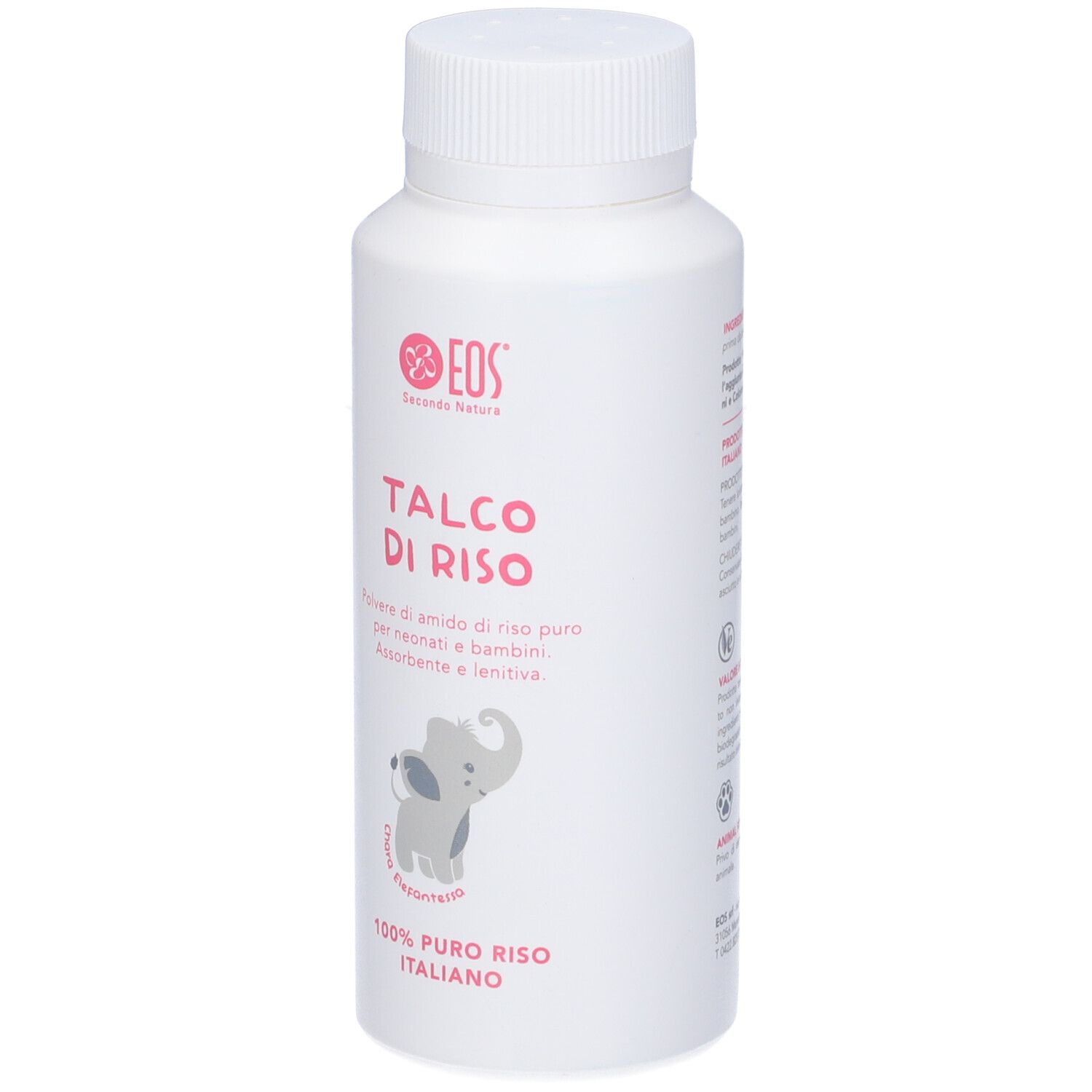 Flacone bianco con etichetta rosa. Scritta: Talco di Riso. Illustrazione di un elefante. Testo: 100% puro riso italiano.