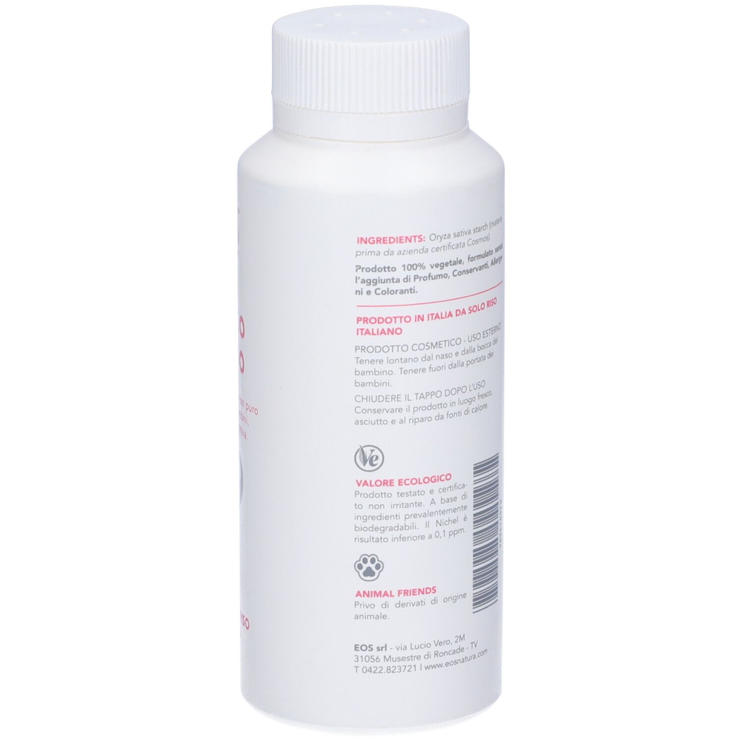 Flacone bianco. Testo: Ingredienti. Testo: Prodotto in Italia da solo riso italiano. Logo Animal Friends.