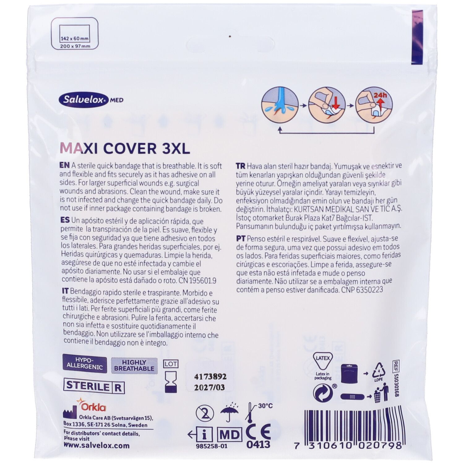 Retro della confezione con testo e pittogrammi. Scritta: Salvelox Med Maxi Cover 3XL. Dimensioni: 200 x 97 mm. Informazioni sull'uso.