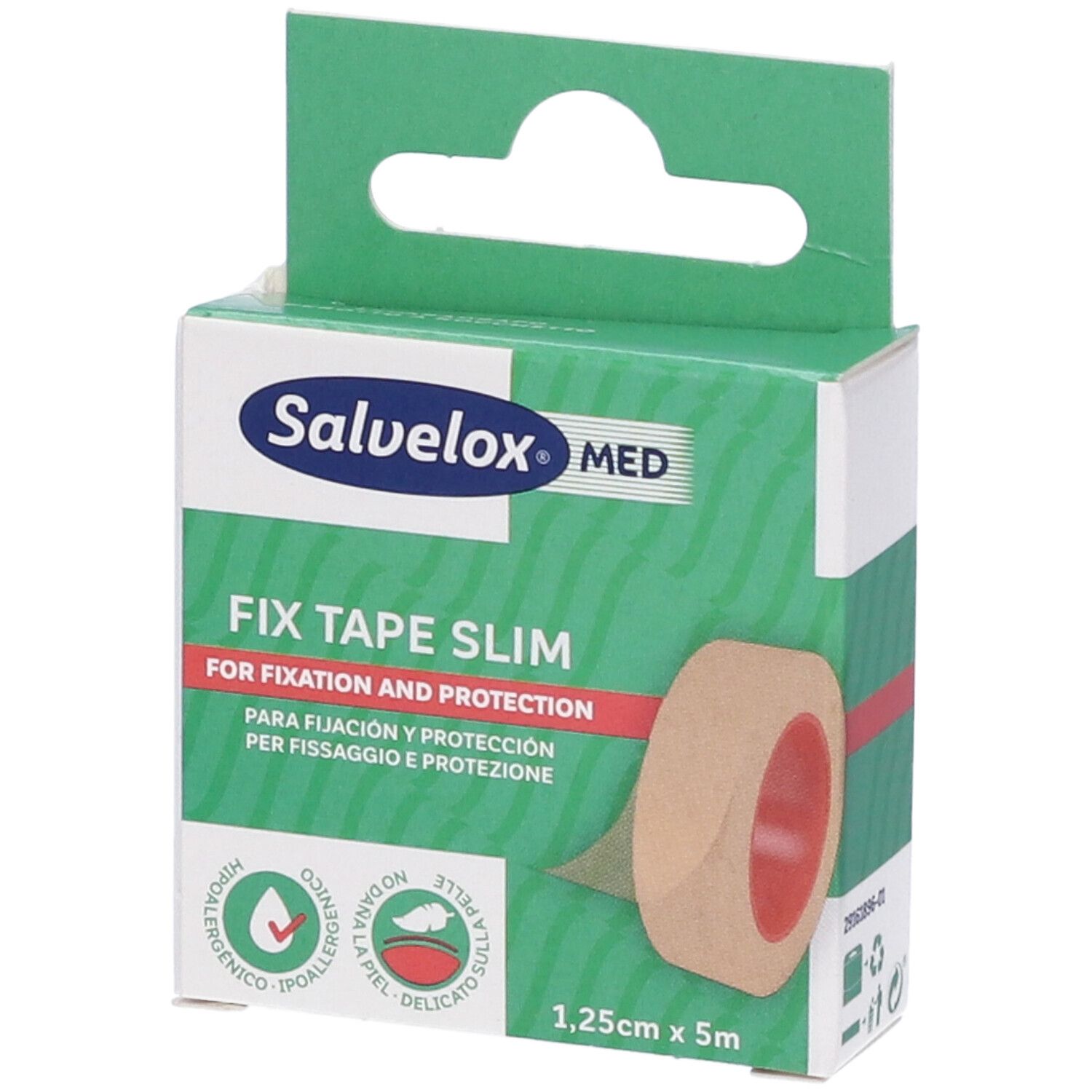 Confezione di cerotto di fissaggio. Scritto: Salvelox MED, FIX TAPE SLIM, 1,25cm x 5m. Design verde e bianco.