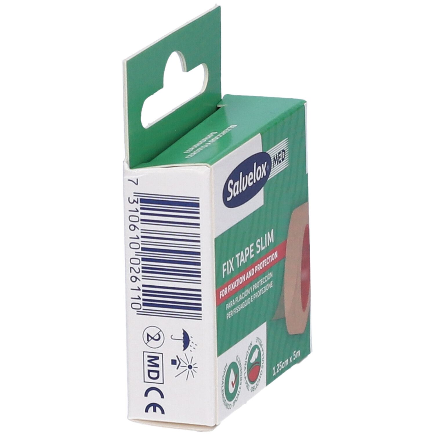 Confezione cerotto di fissaggio. Scritto: Salvelox MED, FIX TAPE SLIM, 1,25cm x 5m. Vista laterale con testo e logo.
