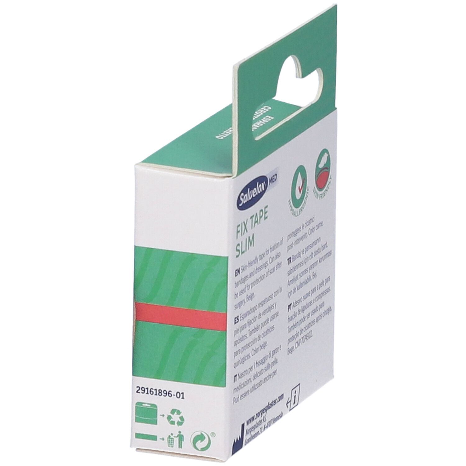 Vista laterale della confezione. Scritto: Salvelox MED, FIX TAPE SLIM. Simboli di riciclaggio e certificazioni.