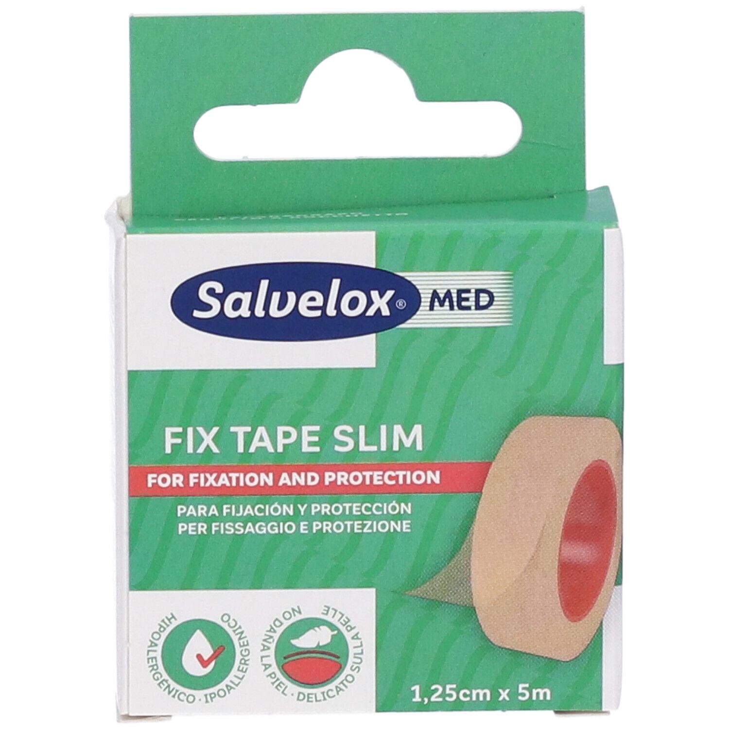 Confezione di cerotto di fissaggio. Scritto: Salvelox MED, FIX TAPE SLIM, 1,25cm x 5m. Design verde e bianco.