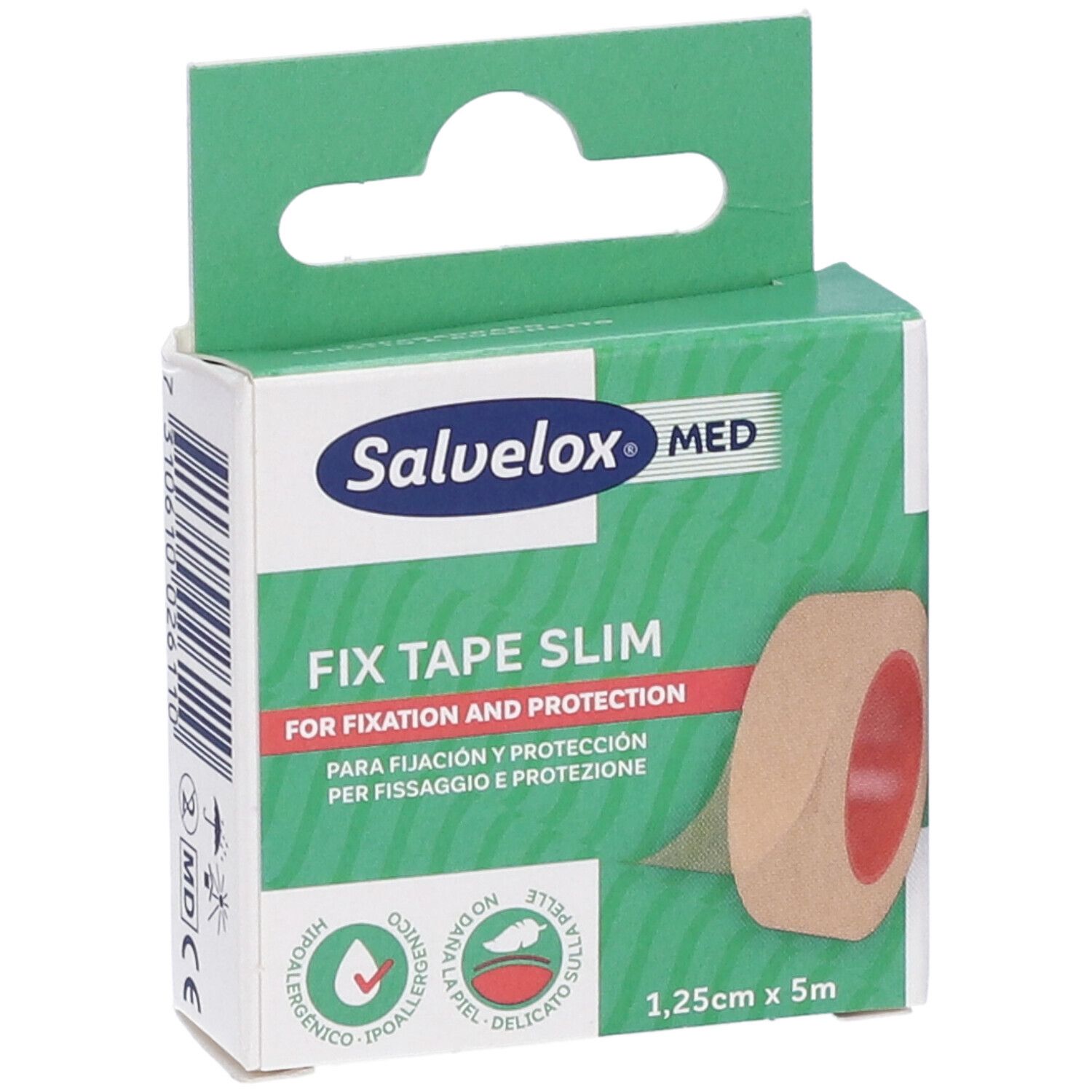 Confezione di cerotto di fissaggio. Scritto: Salvelox MED, FIX TAPE SLIM, 1,25cm x 5m. Design verde e bianco.