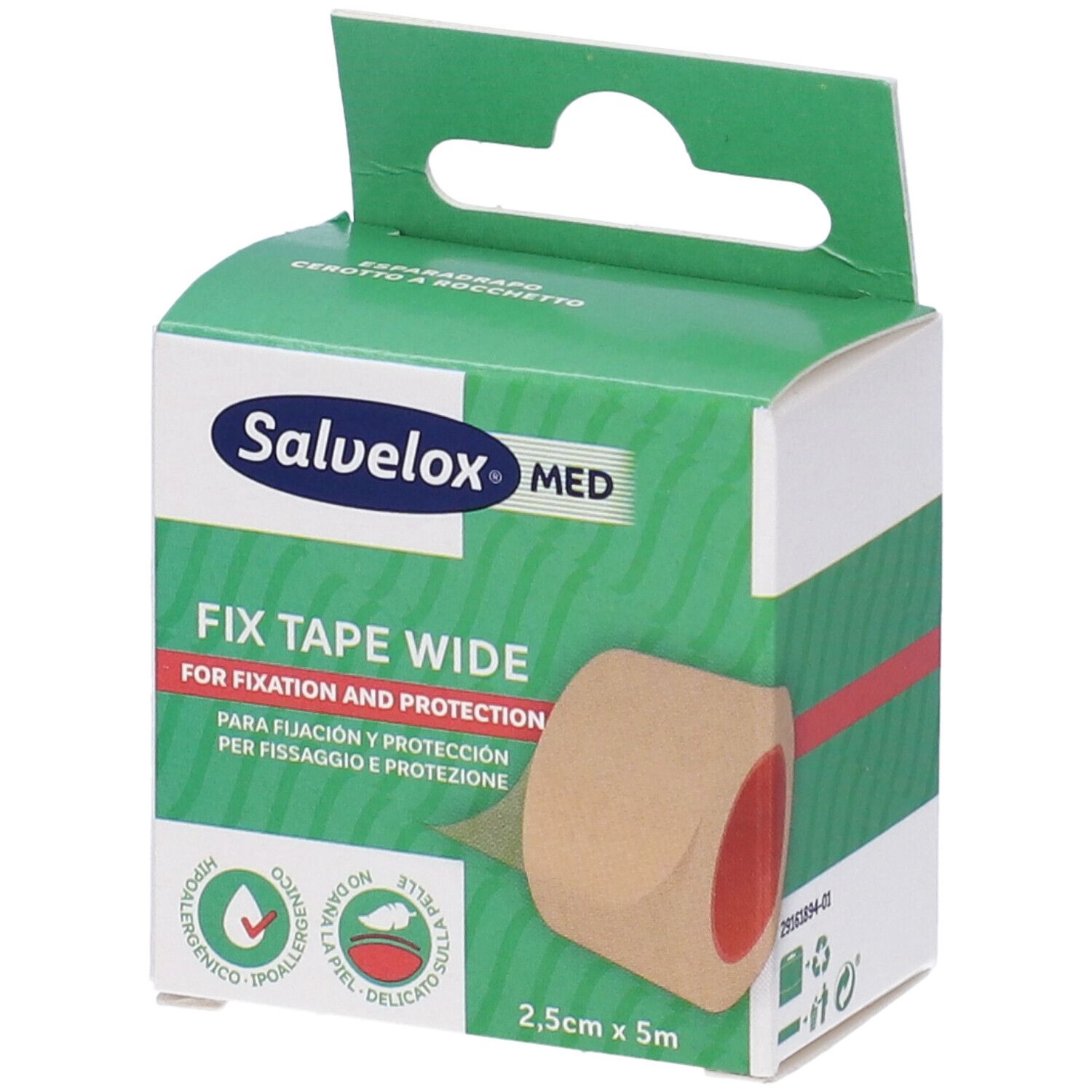 Confezione Salvelox Med Fix Tape Wide. Nastro di fissaggio, 2,5cm x 5m. Scatola verde e bianca con informazioni.