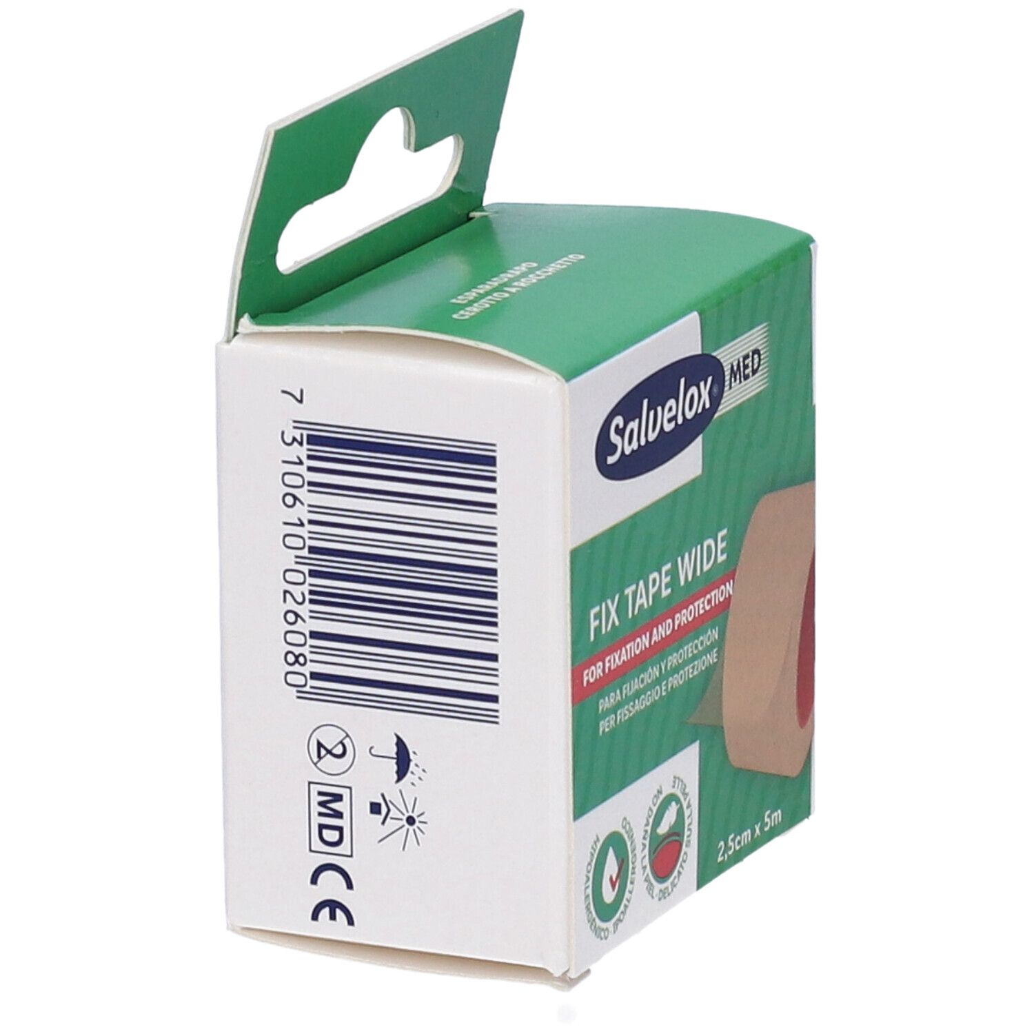 Vista laterale della confezione Salvelox Med Fix Tape Wide. Codice a barre, informazioni, marchio CE.