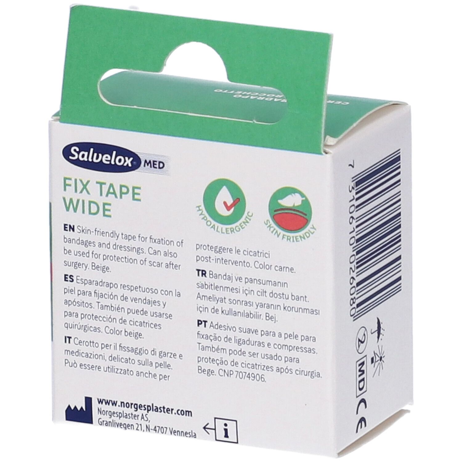 Retro della confezione Salvelox Med Fix Tape Wide. Informazioni multilingue, certificazioni.