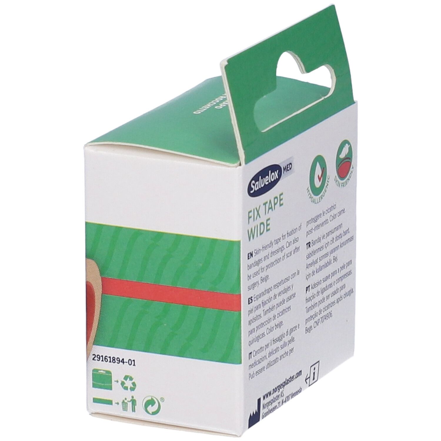 Confezione Salvelox Med Fix Tape Wide. Simboli riciclo, informazioni, certificazioni.