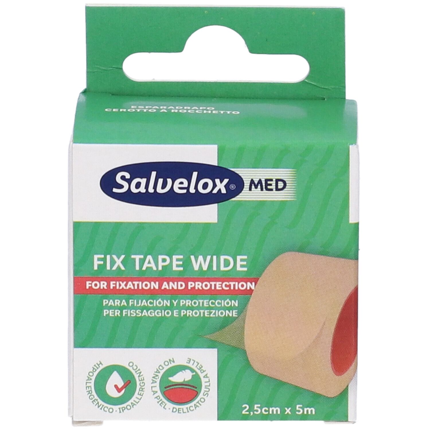 Confezione Salvelox Med Fix Tape Wide. Nastro di fissaggio, 2,5cm x 5m. Scatola verde e bianca con informazioni.