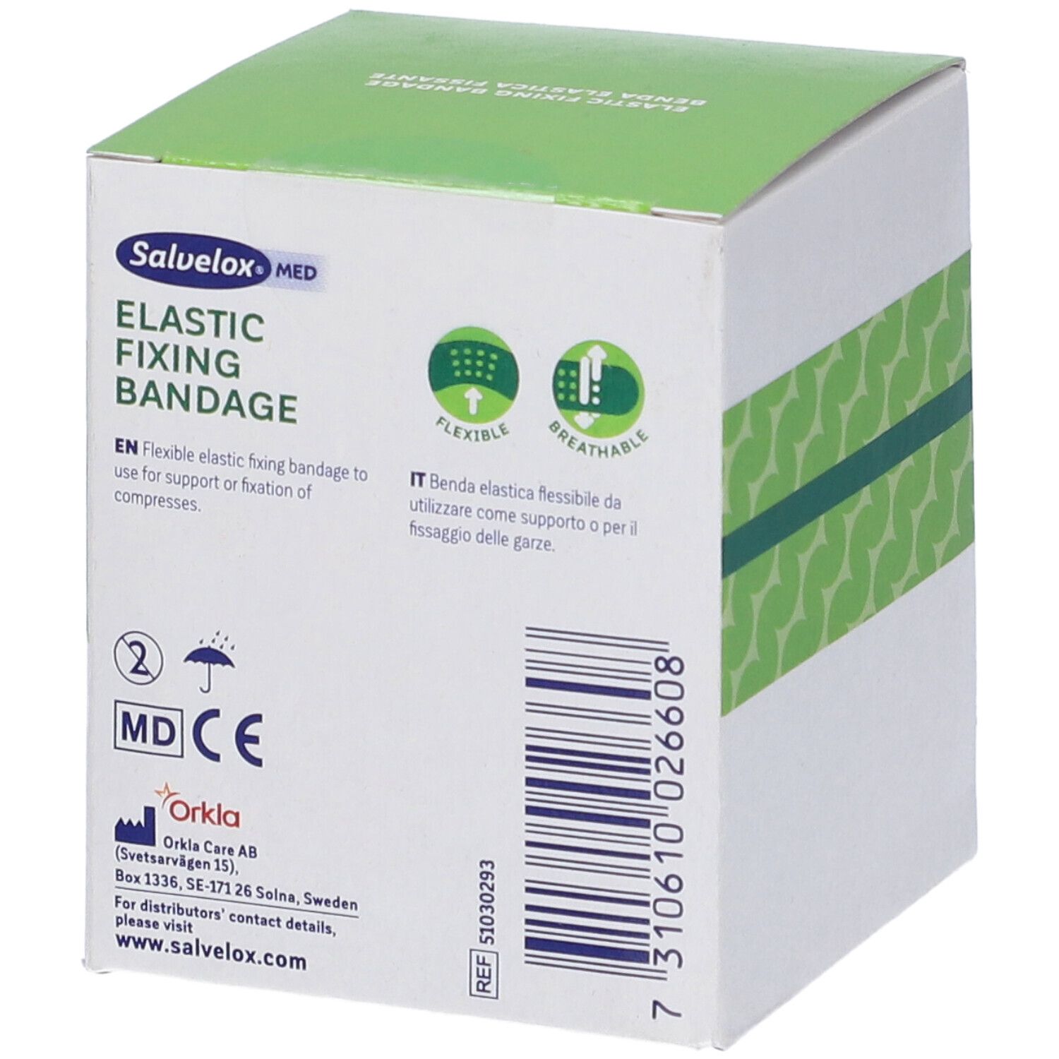 Retro della confezione di benda elastica di fissaggio Salvelox Med. Informazioni, marchio CE, indirizzo del produttore.