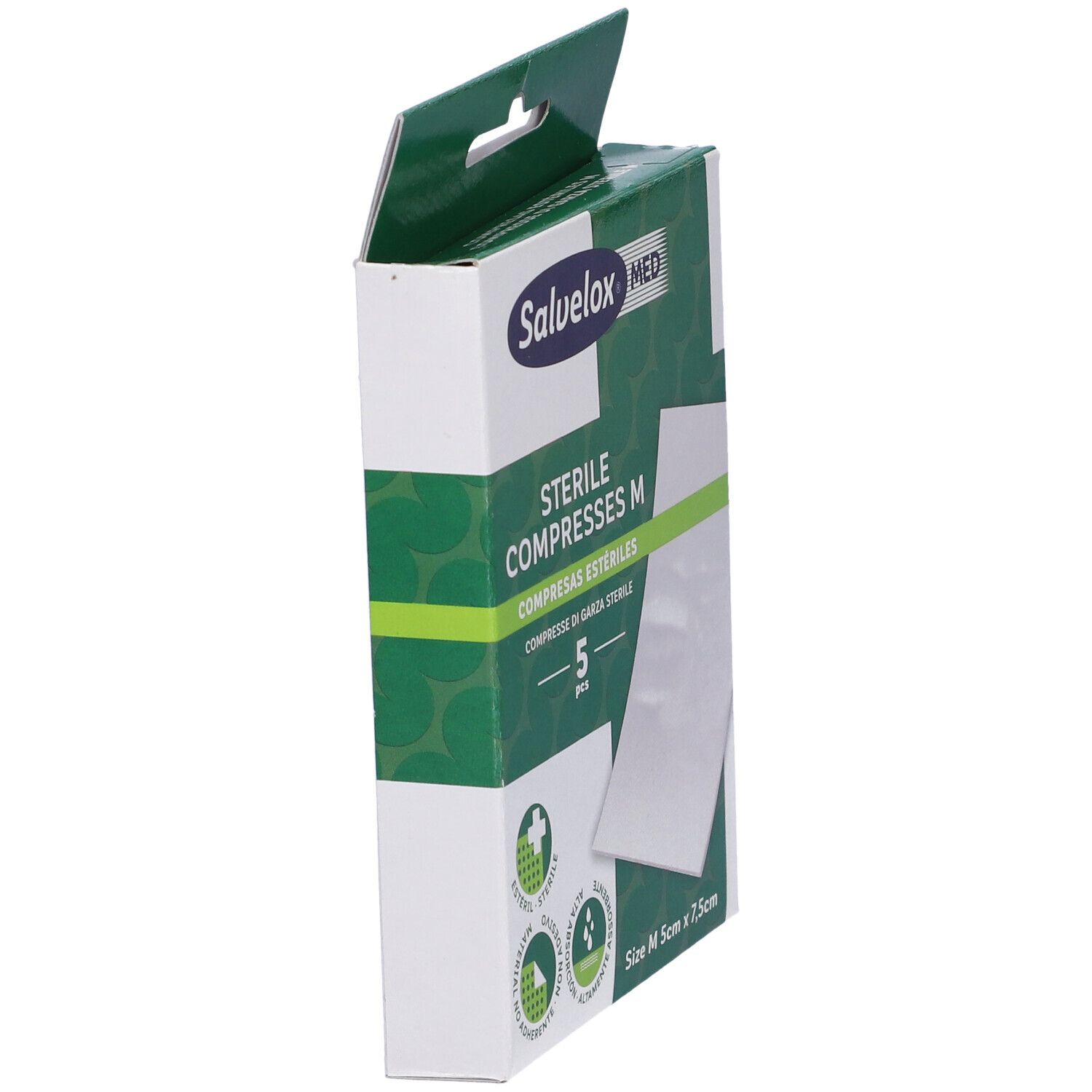 Confezione Salvelox Med Compresse M. 5 pezzi. Dimensioni M 5cm x 7,5cm. Confezione angolata.