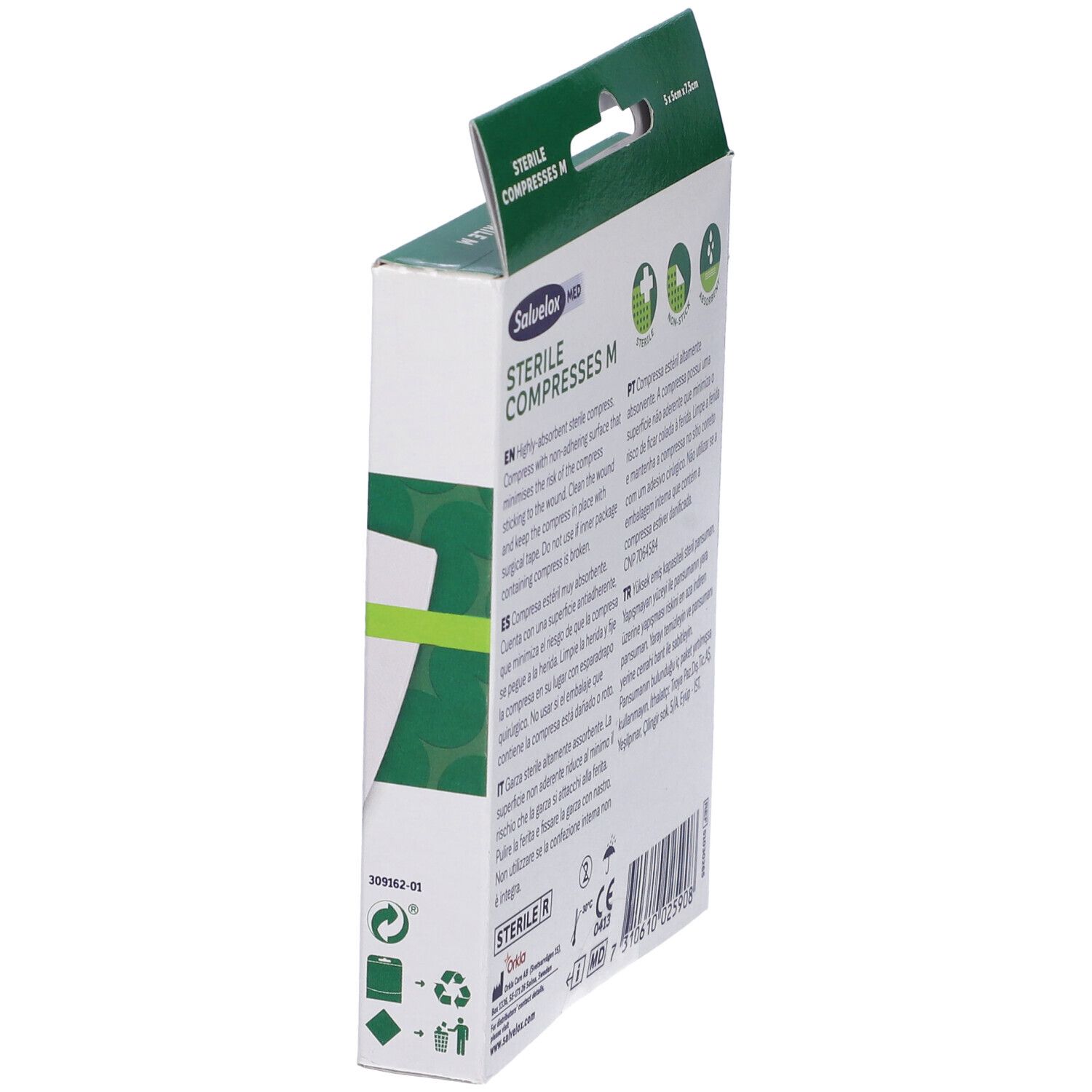 Confezione Salvelox Med Compresse M. Testo multilingue. Vista angolata.