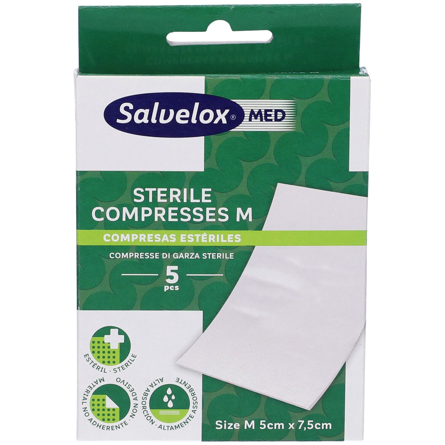 Confezione Salvelox Med Compresse M. 5 pezzi. Dimensioni M 5cm x 7,5cm. Confezione verde e bianca.