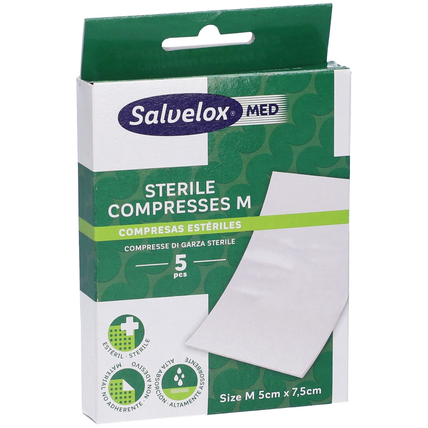 Confezione Salvelox Med Compresse M. 5 pezzi. Dimensioni M 5cm x 7,5cm. Confezione verde e bianca.