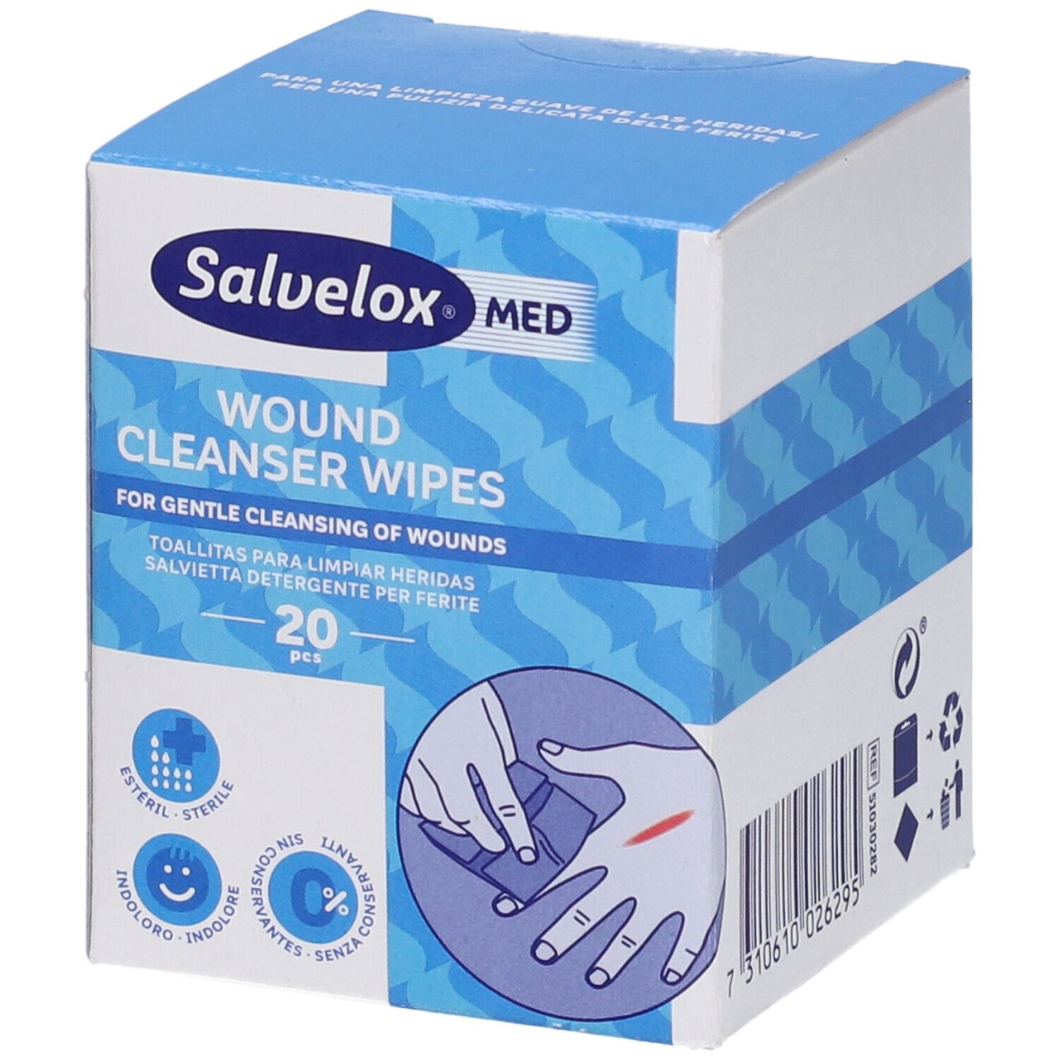 Scatola blu e bianca di salviette detergenti per ferite Salvelox Med. 20 pezzi. Illustrazione di una mano con una ferita.