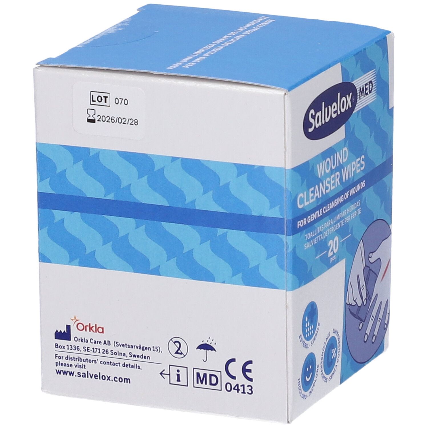 Confezione di salviette detergenti per ferite Salvelox Med. Informazioni su lotto, data di scadenza e marchio CE.
