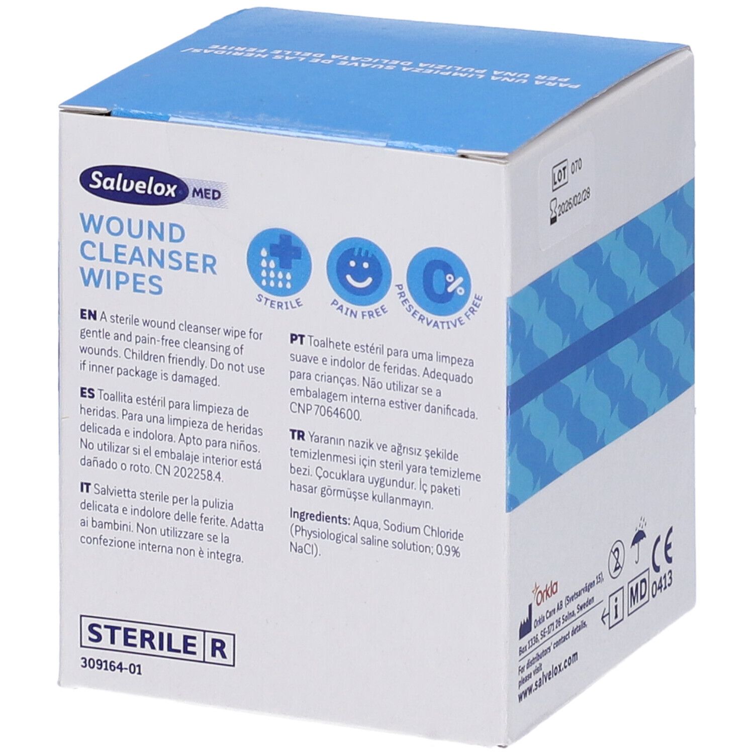 Confezione di salviette detergenti per ferite Salvelox Med. Testo multilingue. Salviette sterili, indolori e senza conservanti.